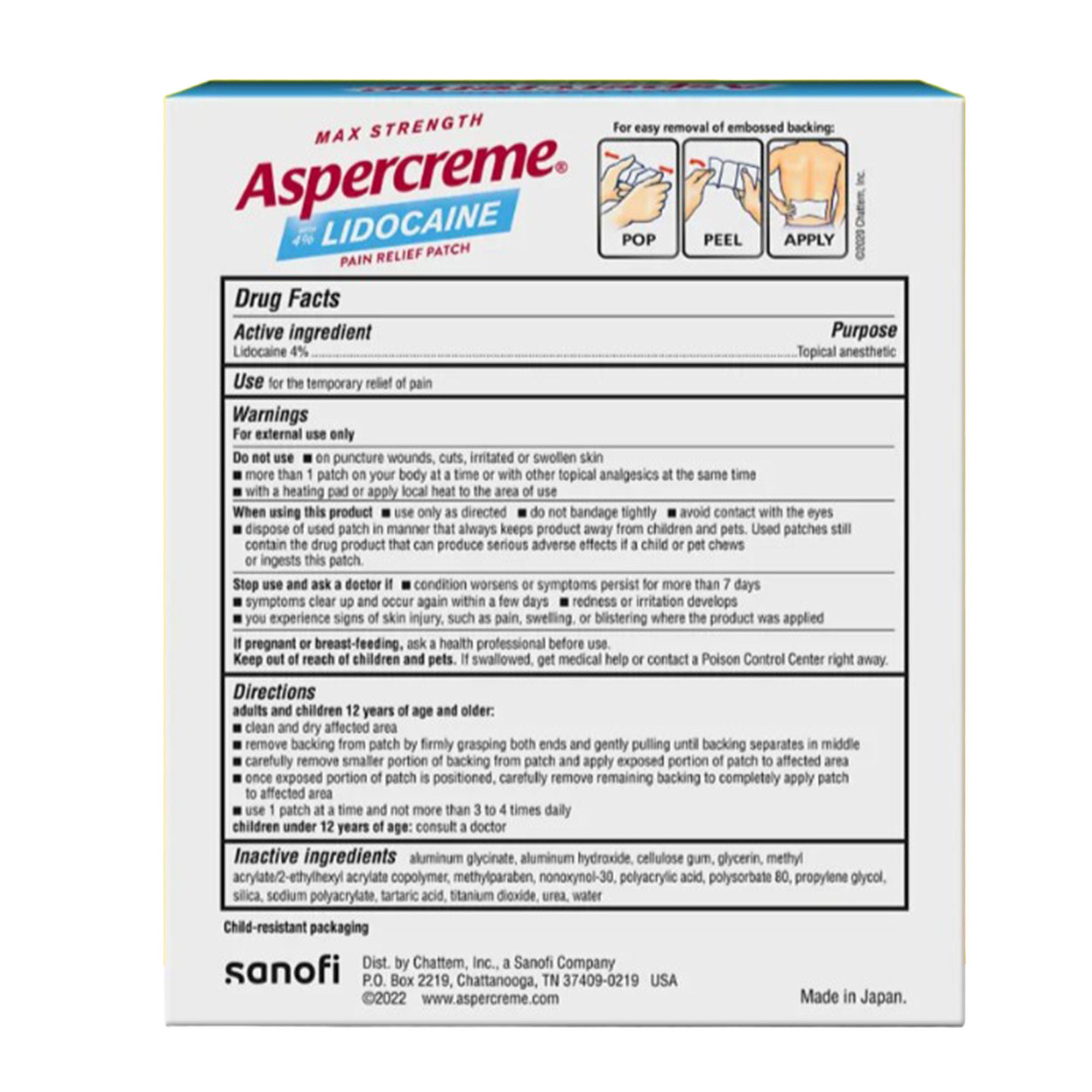 Sanofi - 41167058502 Topical Pain Relief Aspercreme® 4% Lidocaine Patch