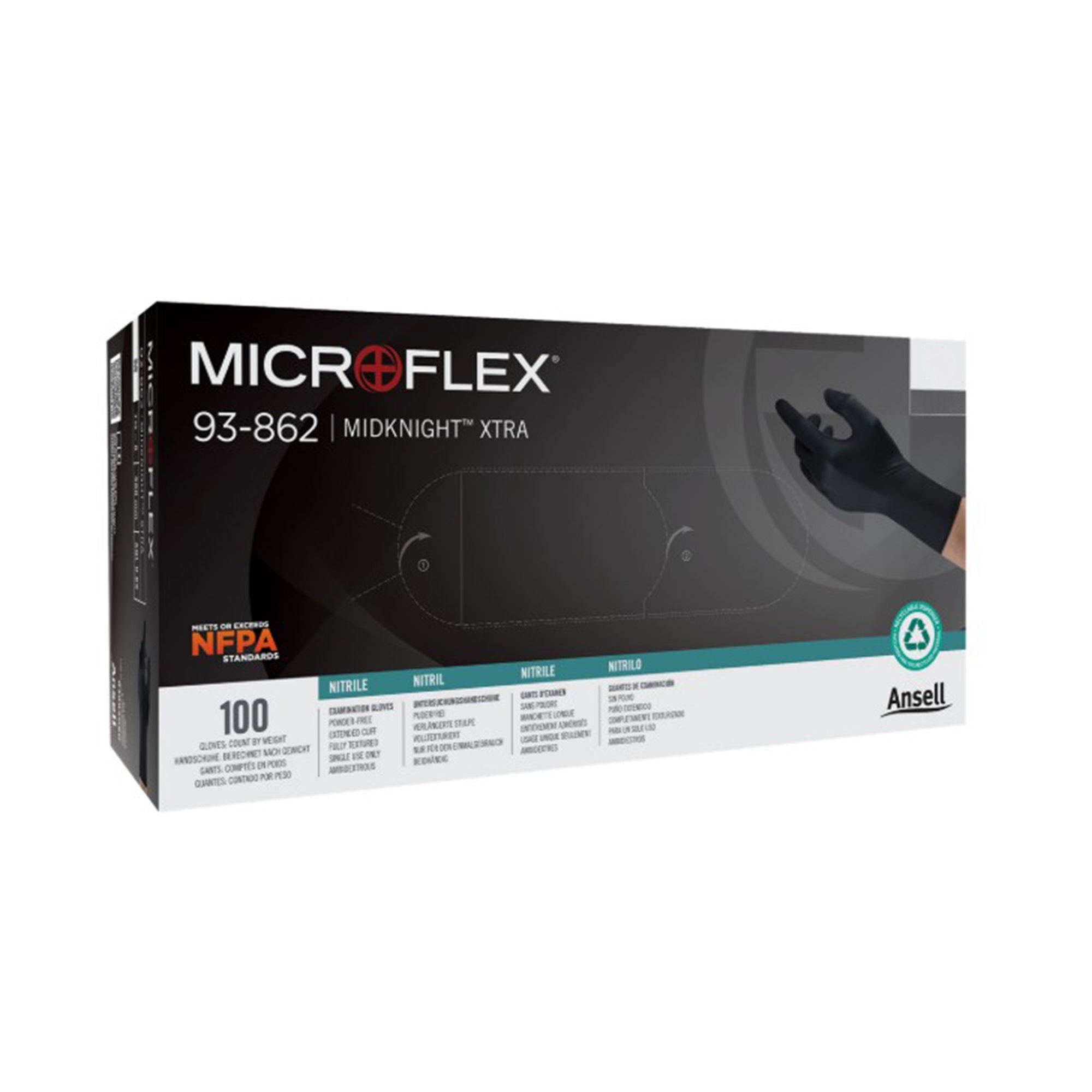 Ansell - 93862090 Exam Glove MICROFLEX® MidKnight™ XTRA Large 100 per Box NonSterile Nitrile Extended Cuff Length Fully Textured Black Fentanyl Tested