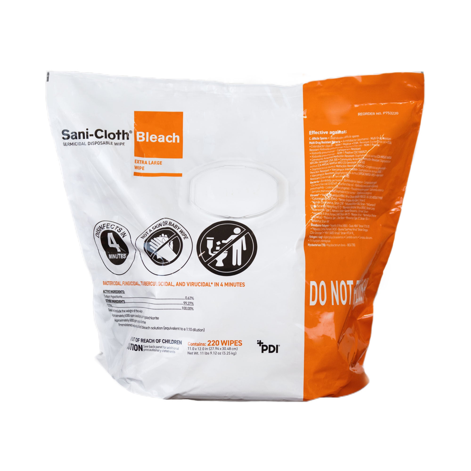 Professional Disposables - P753220 Surface Disinfectant Cleaner Sani-Cloth® Bleach Premoistened Bleach Germicidal Manual Pull Wipe 220 Count Bag Bleach Scent NonSterile