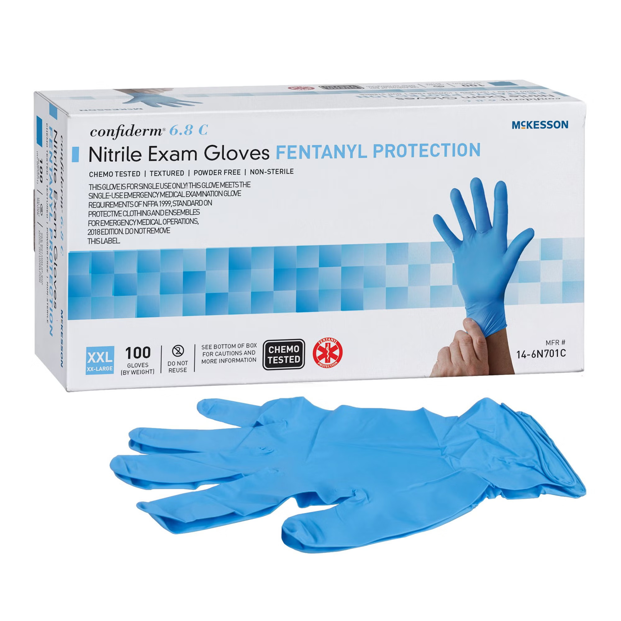 McKesson Brand - 14-6N701C Exam Glove McKesson Confiderm® 6.8C 2X-Large 95 per Box NonSterile Nitrile Standard Cuff Length Fully Textured Blue Chemo Tested / Fentanyl Tested @#$CUSTOM_DESCRIPTION$#@