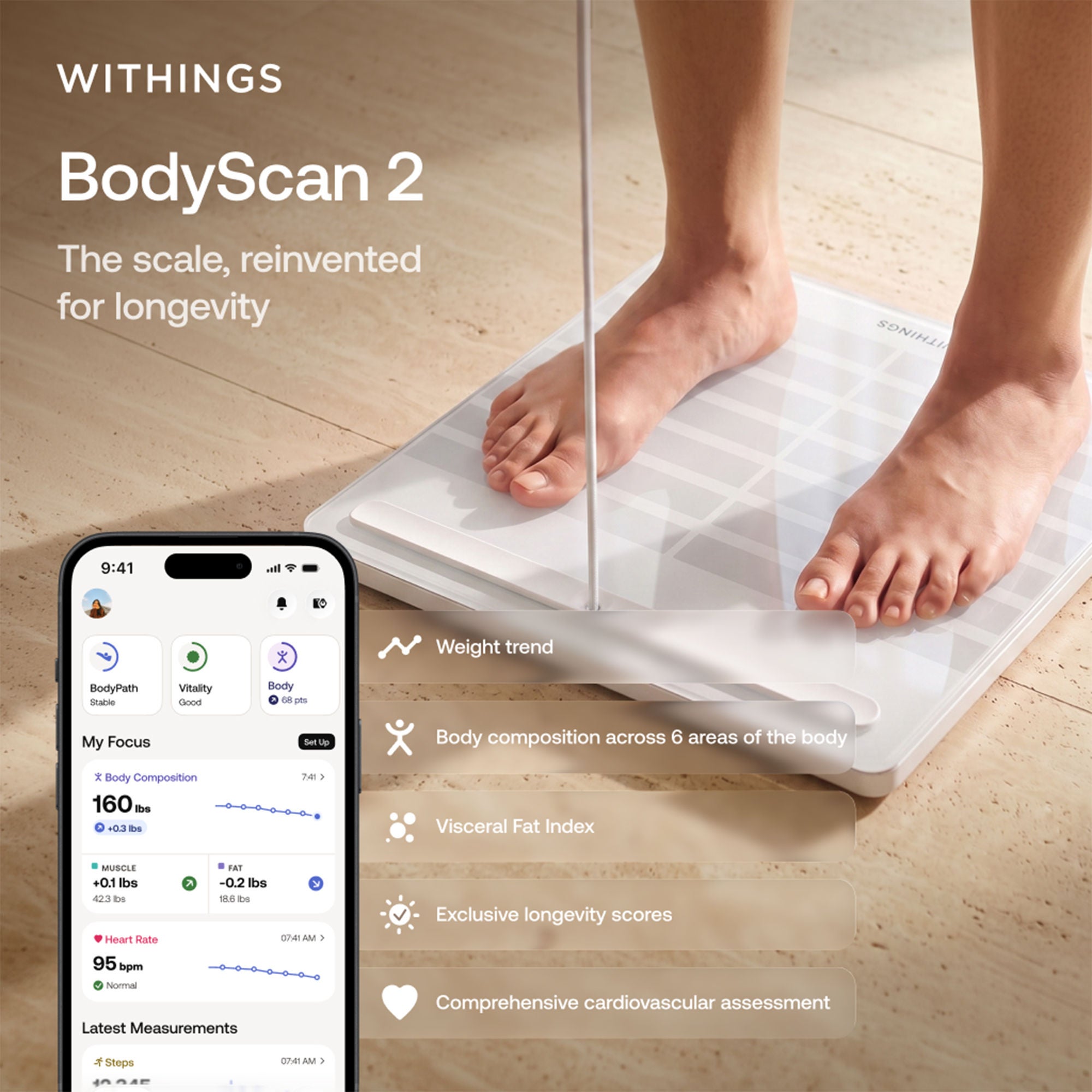 Withings Inc - WBS15-WHITE-ALL-INT Body Composition Analyzer Stand On Whithings Digital Display 440 lbs Weight Capacity White Battery Operated