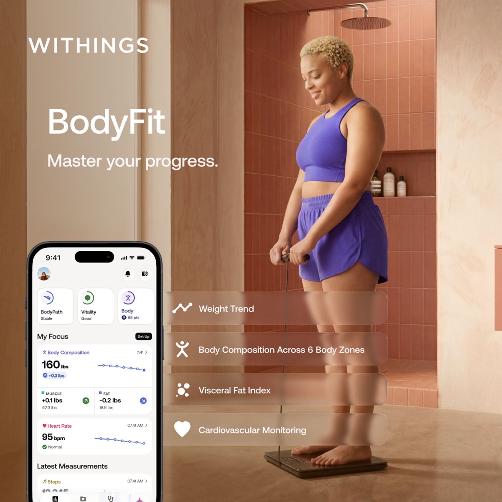 Withings Inc - WBS16-BLACK-ALL-INT Weight and Body Composition Stand On BodyFit LCD Display 400 lbs. Weight Capacity Black Battery Operated