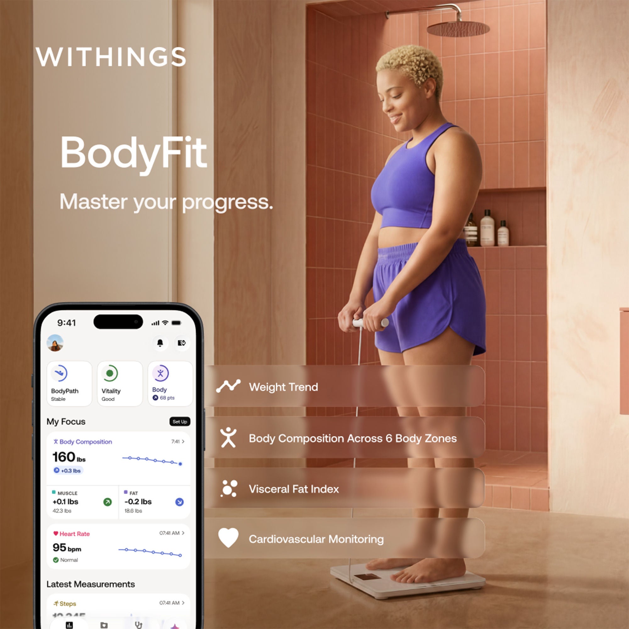 Withings Inc - WBS16-WHITE-ALL-INT Weight and Body Composition Stand On BodyFit LCD Display 400 lbs. Weight Capacity White Battery Operated