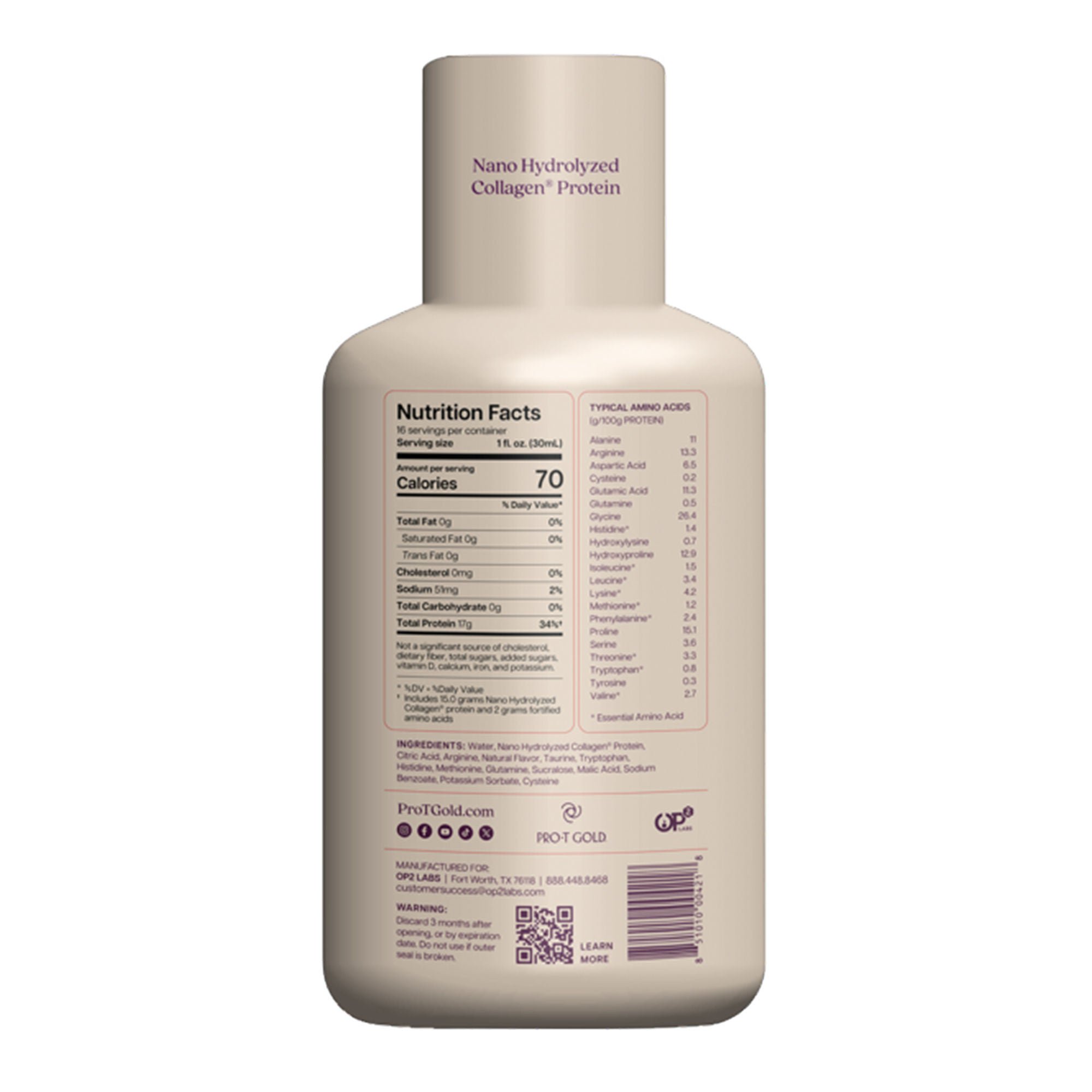 OP2 Labs Inc - 851010004218 Oral Supplement ProT GOLD Liquid Protein Sugar Free Berry Flavor Liquid 16 oz. Bottle
