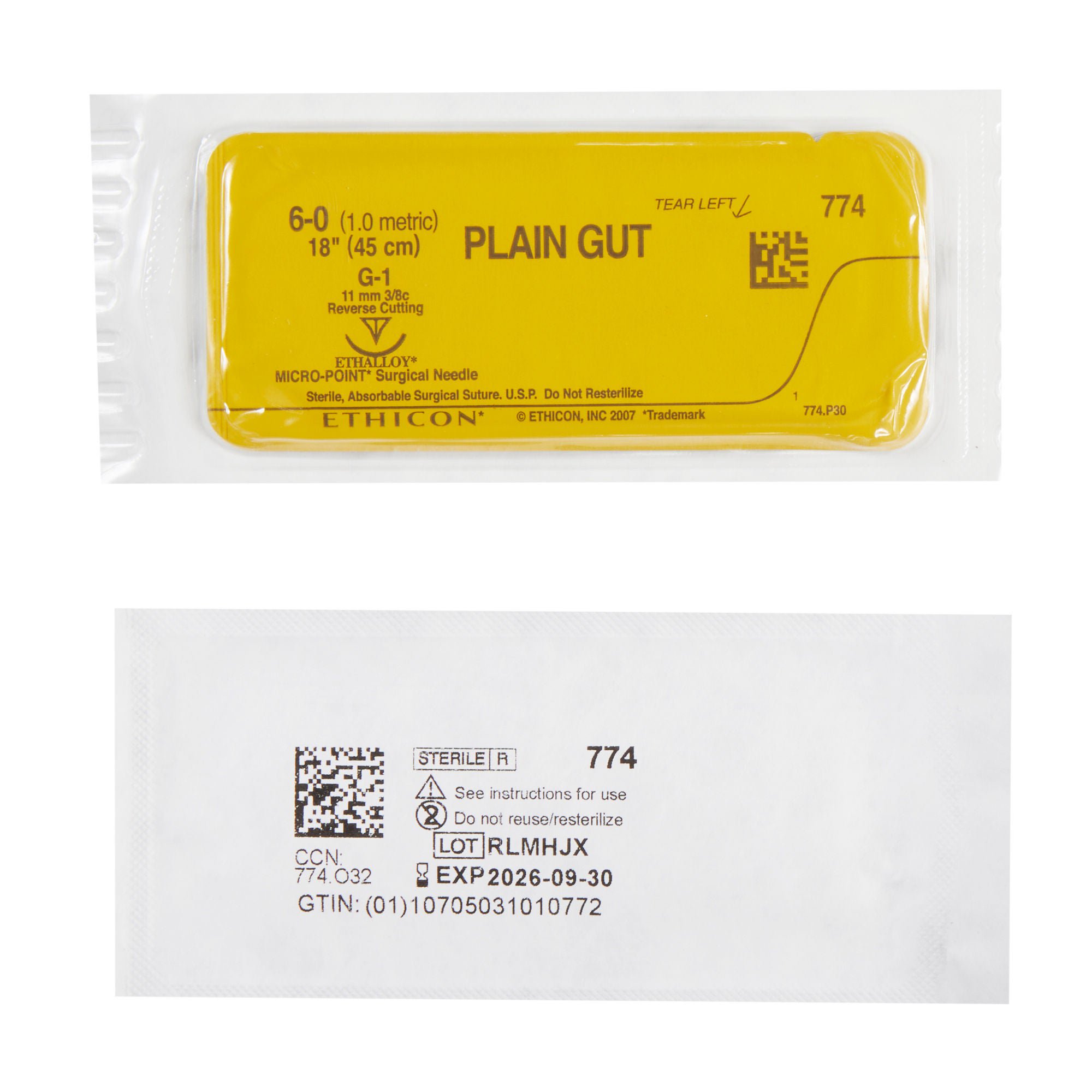 J & J Healthcare Systems - 774G Absorbable Suture with Needle GUT PLAIN Plain Gut G-1 3/8 Circle Precision Reverse Cutting Needle Size 6-0 Monofilament