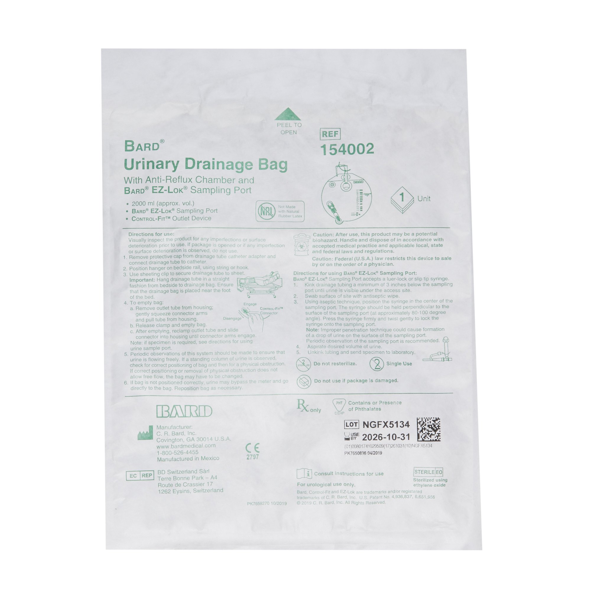 Bard - 154002 Bard® Urinary Drain Bag with Anti-Reflux
