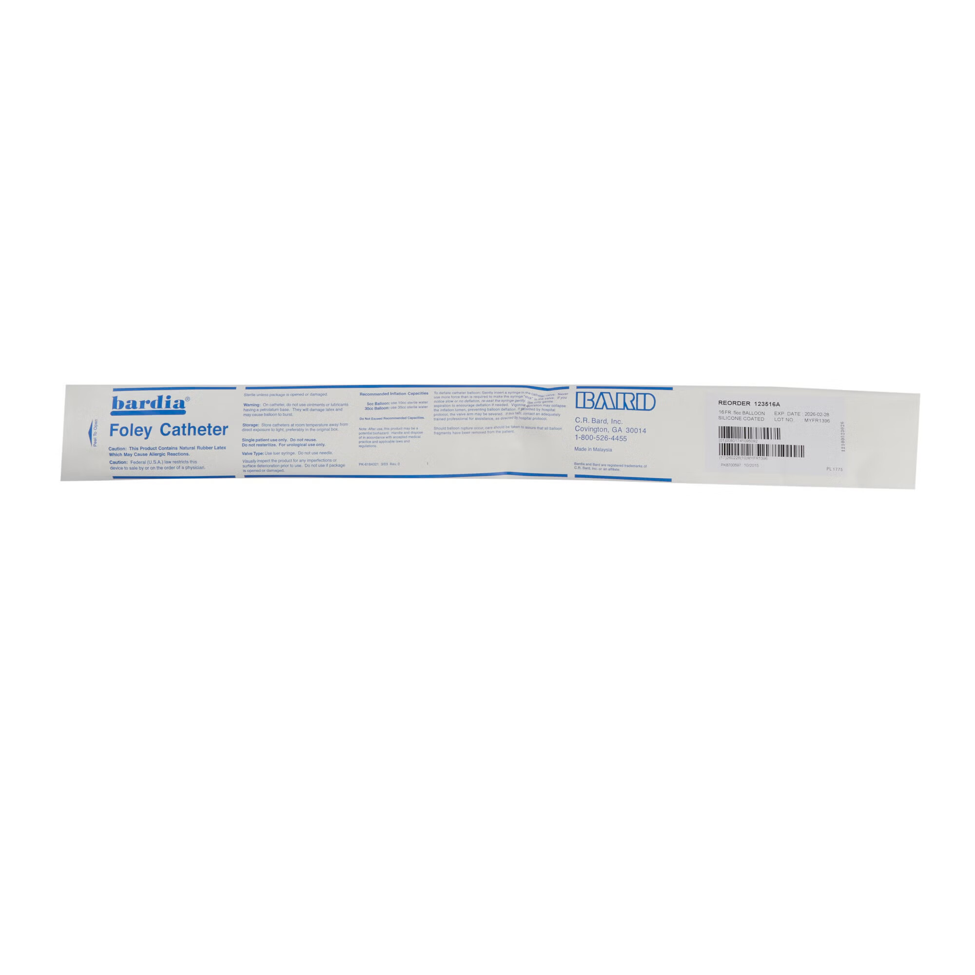 Bard - 123516A Foley Catheter Bardia® 2-Way Standard Tip 5 cc Balloon 16 Fr. Silicone Coated Latex