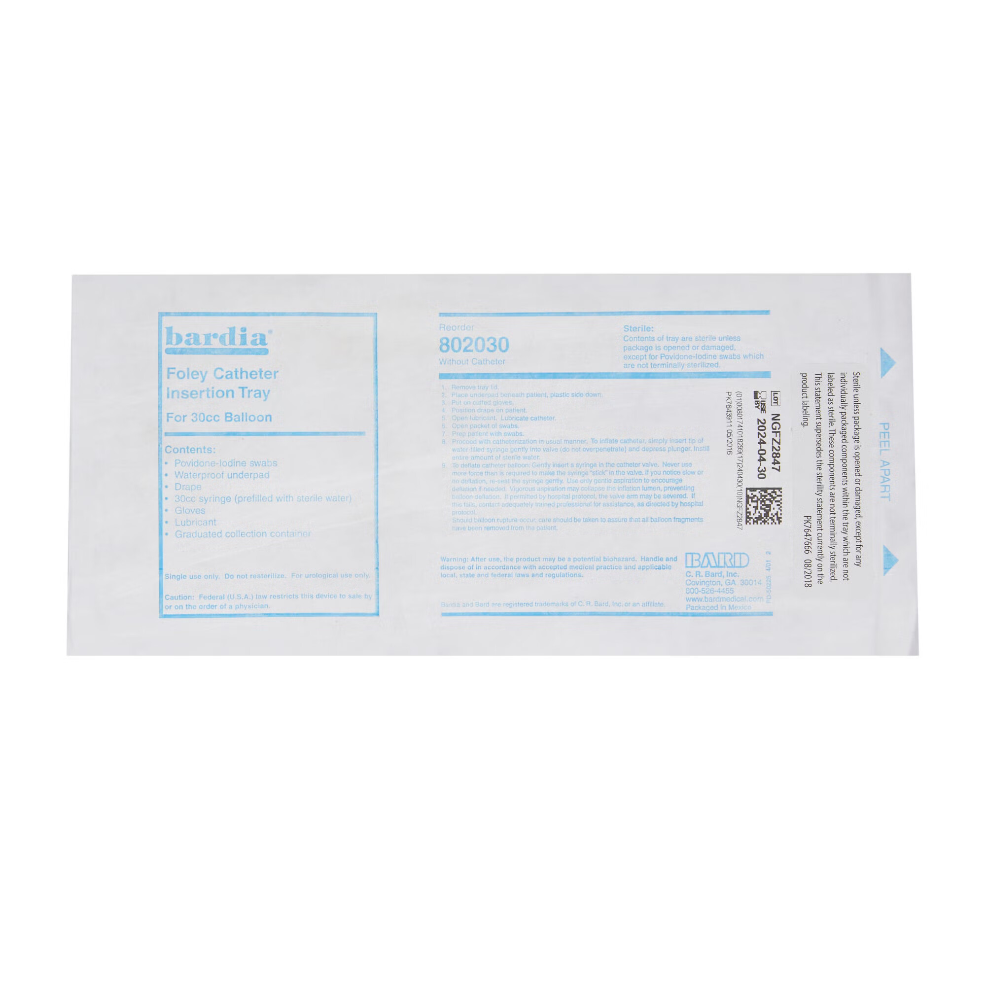 Bard - 802030 Catheter Insertion Tray Bardia® Foley Without Catheter Without Balloon Without Catheter