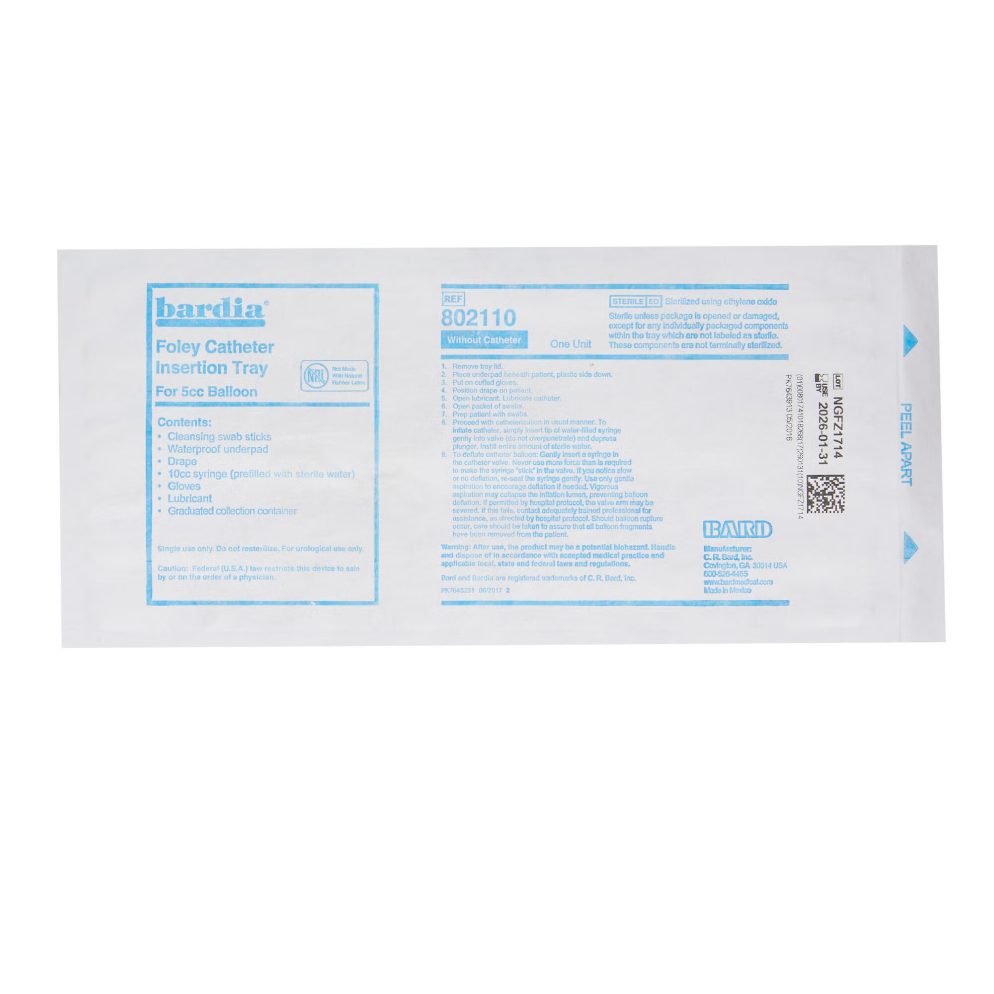 Bard - 802110 Catheter Insertion Tray Bardia® Foley Without Catheter Without Balloon Without Catheter