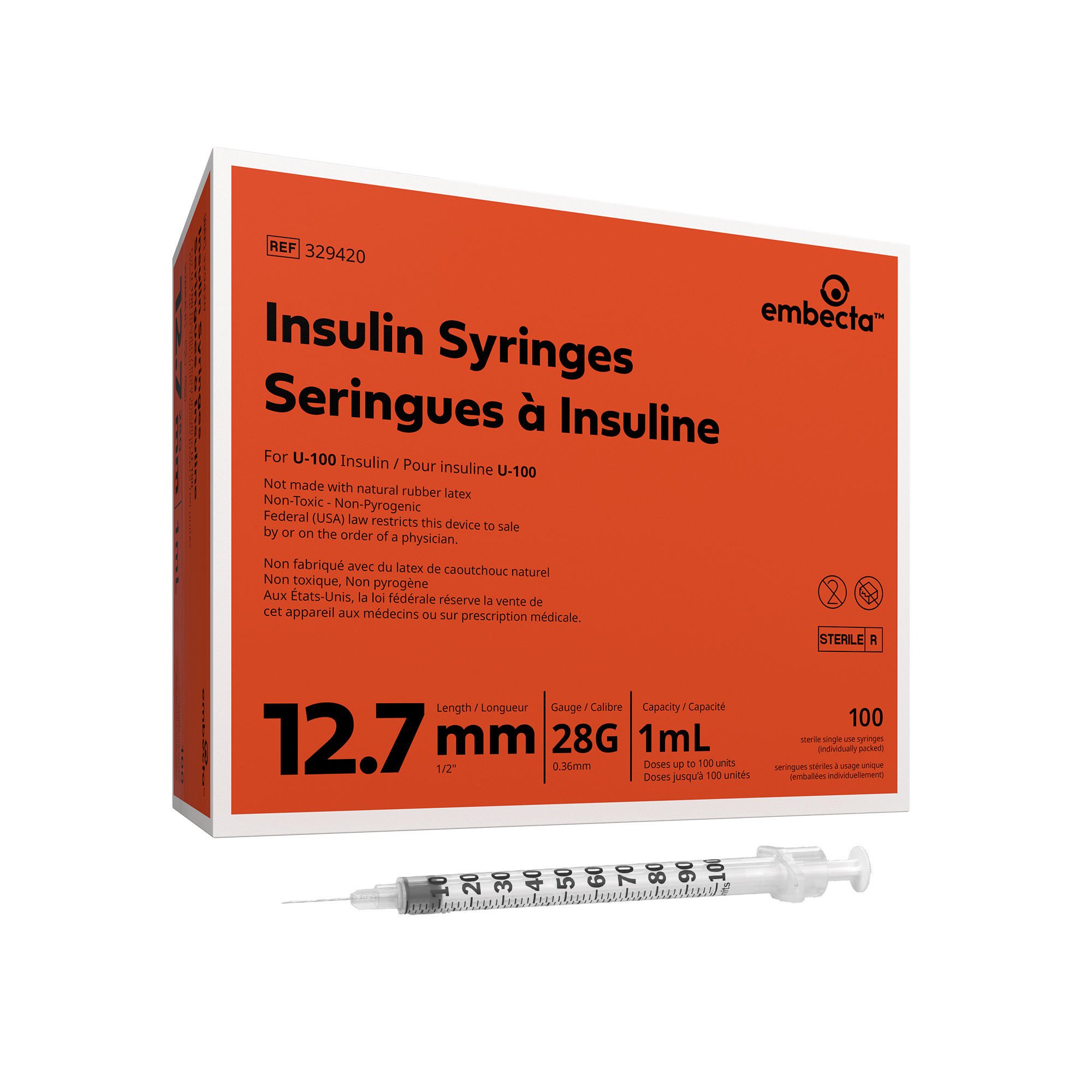 Embecta Medical II LLC - 329420 Standard Insulin Syringe with Needle Micro-Fine™ 1 mL 1/2 Inch 28 Gauge NonSafety Regular Wall