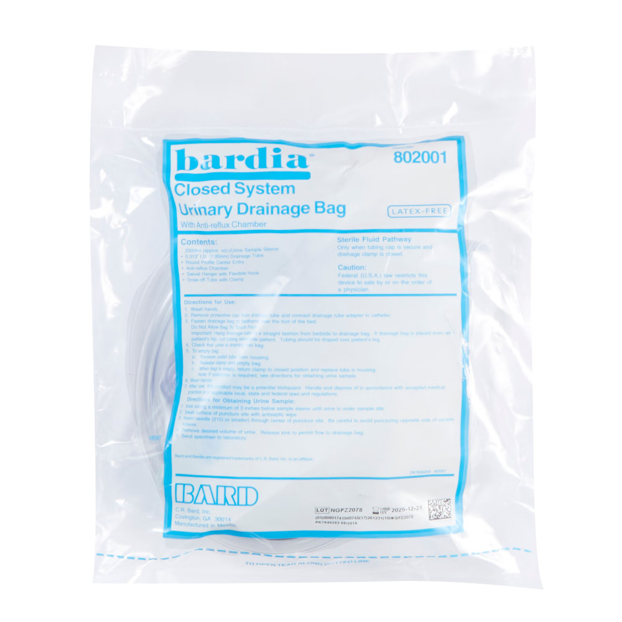 Bard - 802001 Urinary Drain Bag Bardia® Closed System Anti-Reflux Valve Sterile 2,000 mL Vinyl