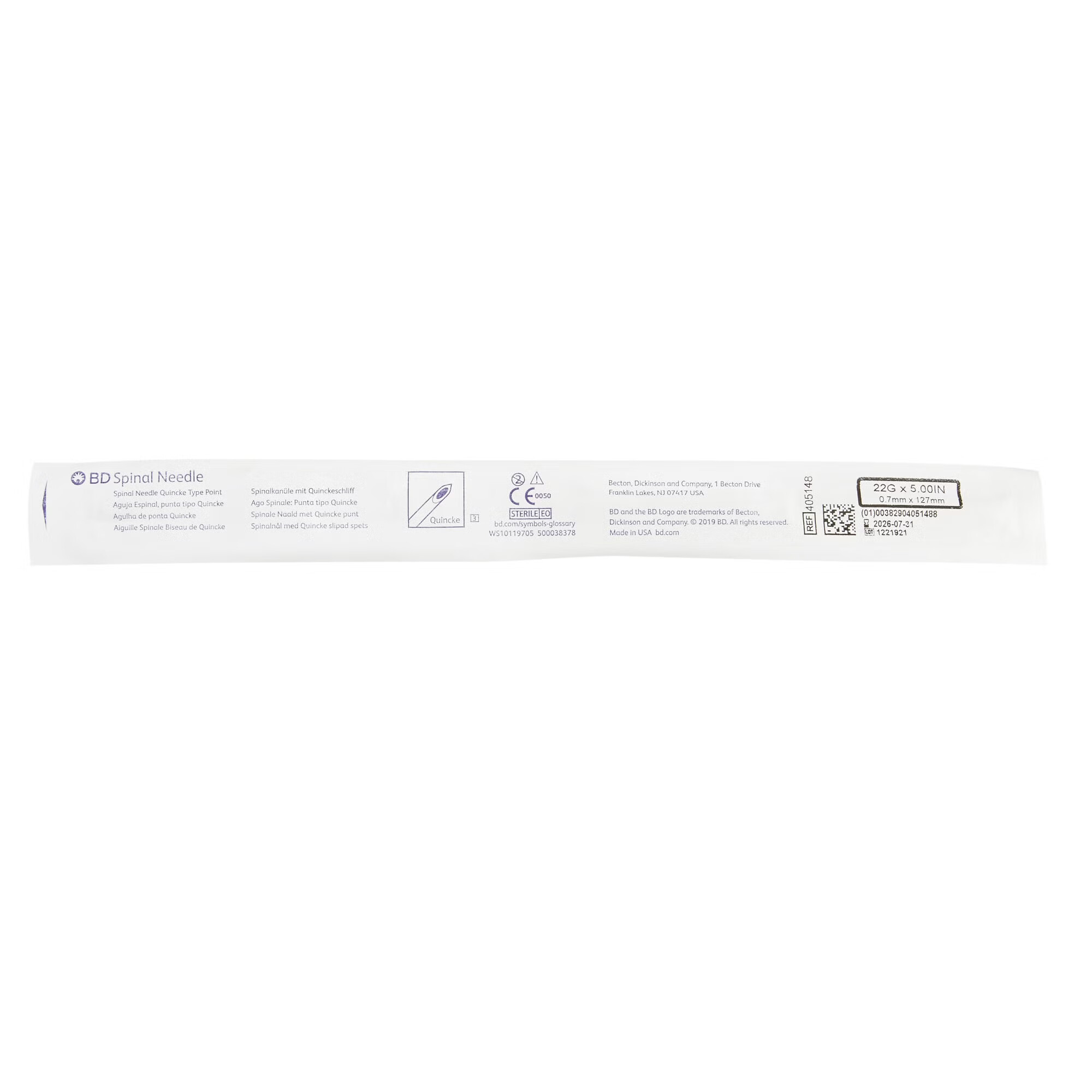 BD - 405148 Spinal Needle BD™ Quincke Style 22 Gauge 5 Inch Length Sterile