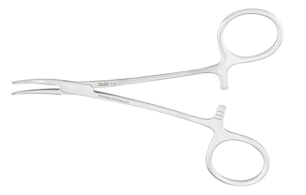 Integra Lifesciences - 7-4 Mosquito Forceps Miltex® Halsted 5 Inch Length OR / Surgical Grade German Stainless Steel NonSterile Locking Finger Ring Handle Curved Serrated Tips