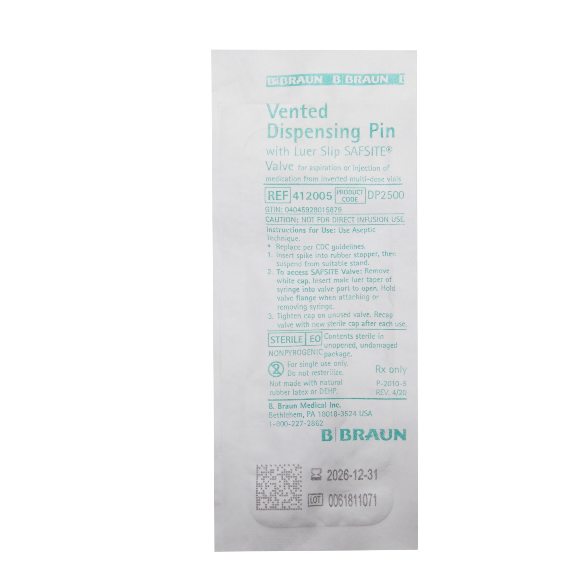 B. Braun 412005 - Safsite® Standard Spike Dispensing Pin - 1/Each, 50/Case