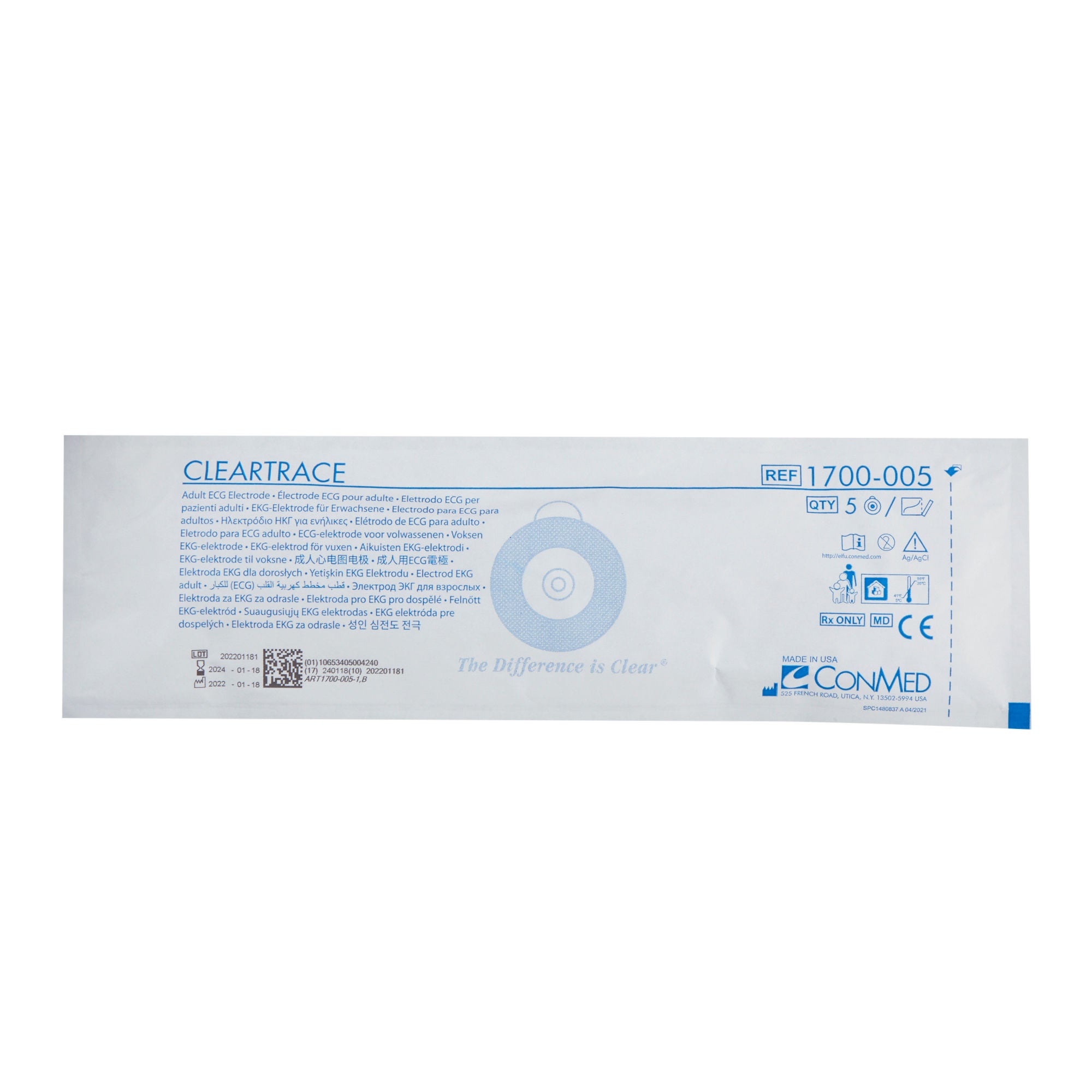 Conmed - 1700-005 ECG Monitoring Electrode Cleartrace® Snap Connector Conductive Adhesive Gel Tape Backing Adult Non-Radiolucent 5 per Pack