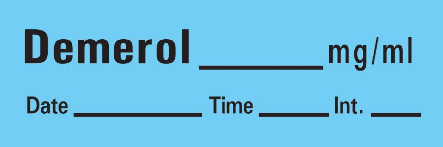 PDC Healthcare - AN-46 Drug Label Timemed Anesthesia Label Tape Demerol_mg/mL Date_Time_Int_ Blue 1/2 X 1-1/2 Inch