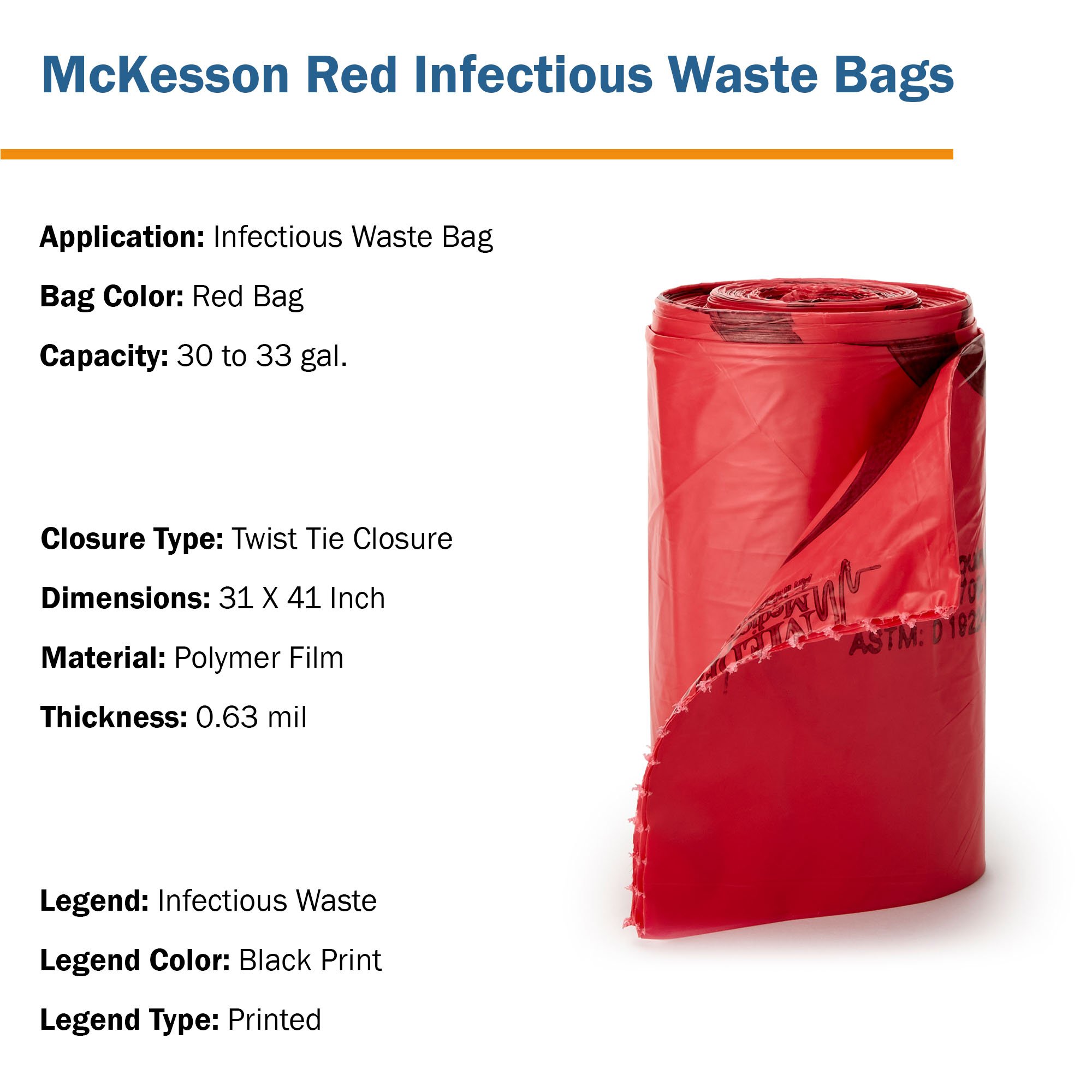 McKesson Brand 03-4405 - McKesson Biohazard Waste Bag, 30 – 33 gallon Capacity, 31 x 41 Inch - 250/Case