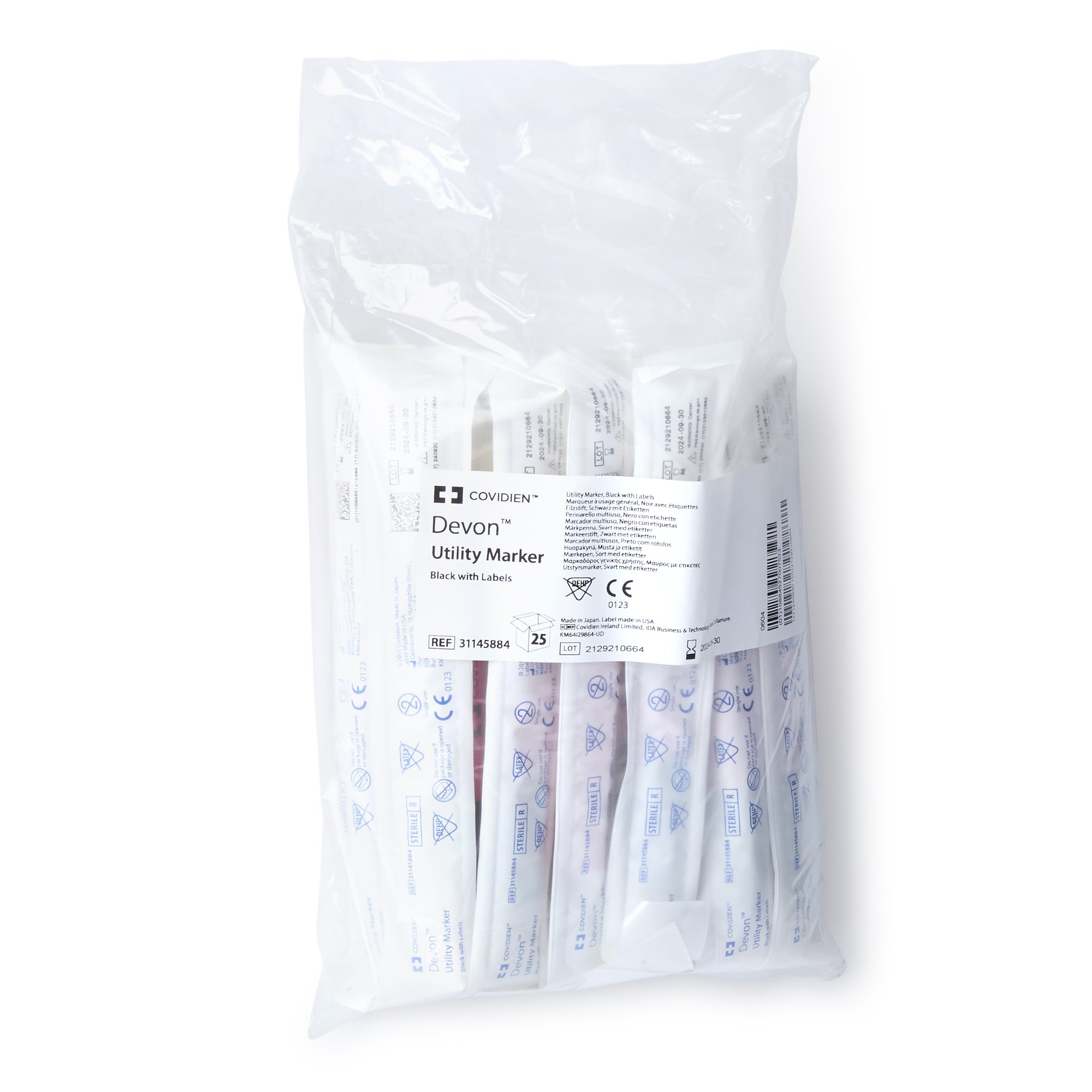 Cardinal 31145884 - Devon™ Medical Utility Marker w/ Labels, Fine Tip, Permanent Black Ink, Sterile - 1/Each, 25/Box, 100/Case