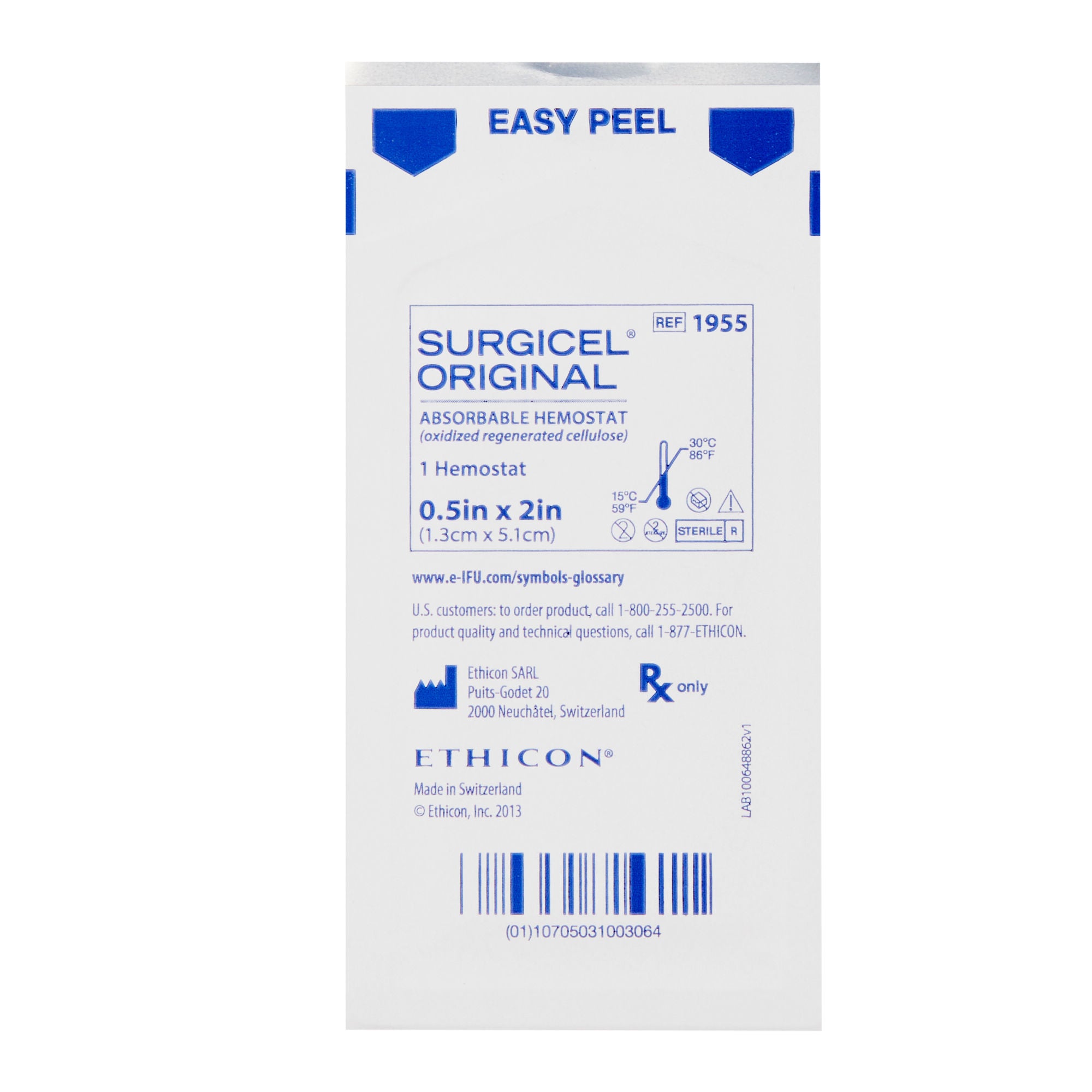 J & J Healthcare Systems - 1955 Absorbable Hemostatic Dressing SURGICEL™ Original 1/2 X 2 Inch 12 Count Sterile
