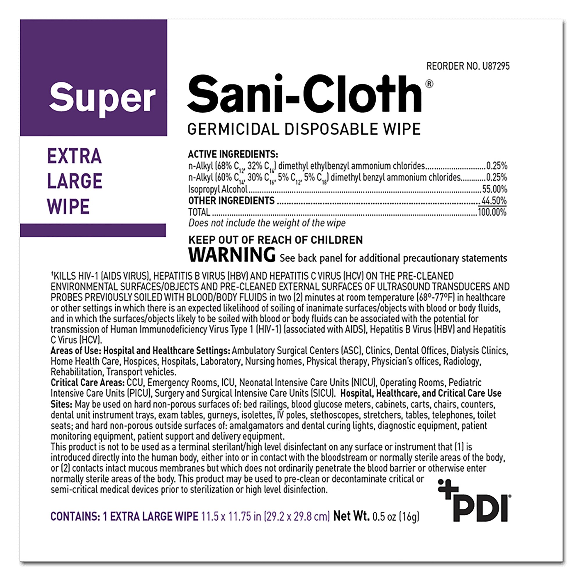 Professional Disposables U87295 - Super Sani-Cloth® Extra Large Germicidal Disinfectant Wipes, Individual Packets - 1/Each, 50/Sleeve, 150/Case