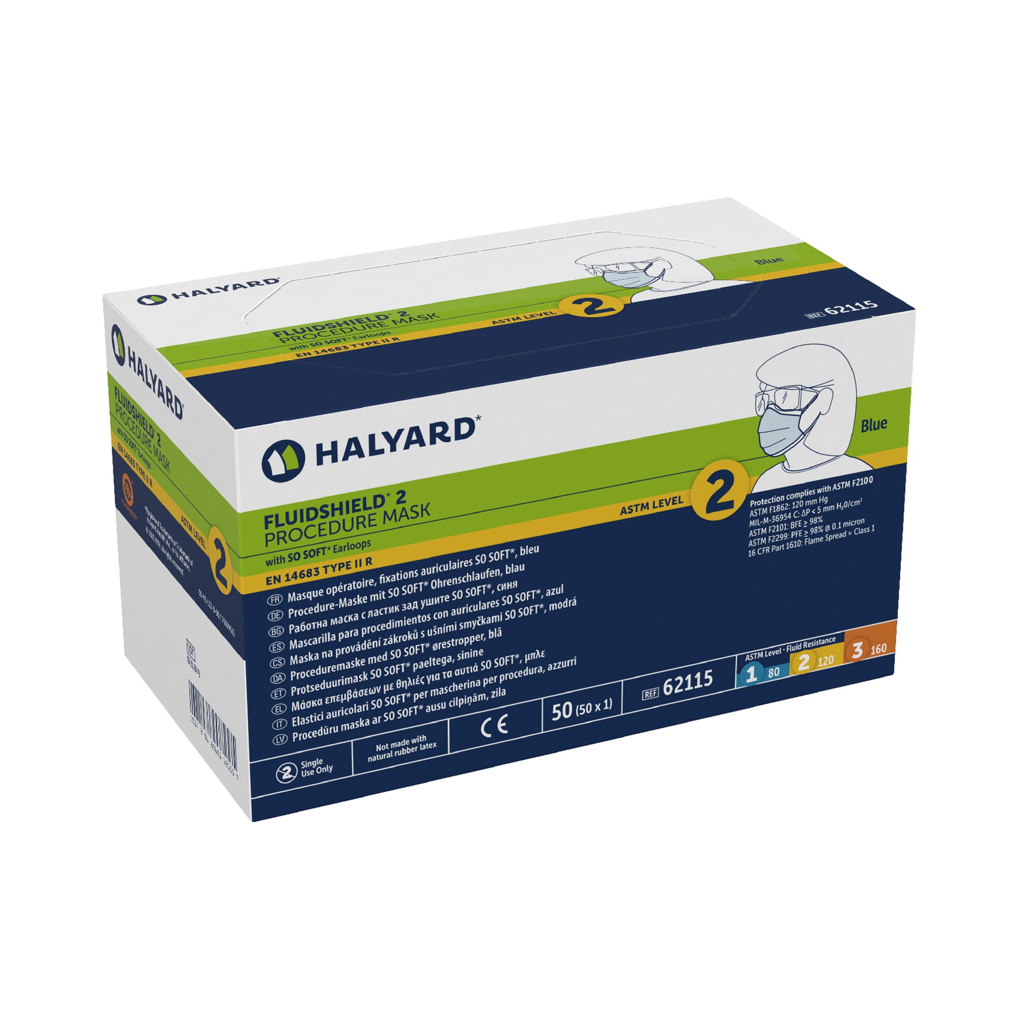 O&M Halyard Inc 62115 - Halyard Fluidshield Level 2 Procedure Mask, One Size Fits Most - 50/Box, 500/Case