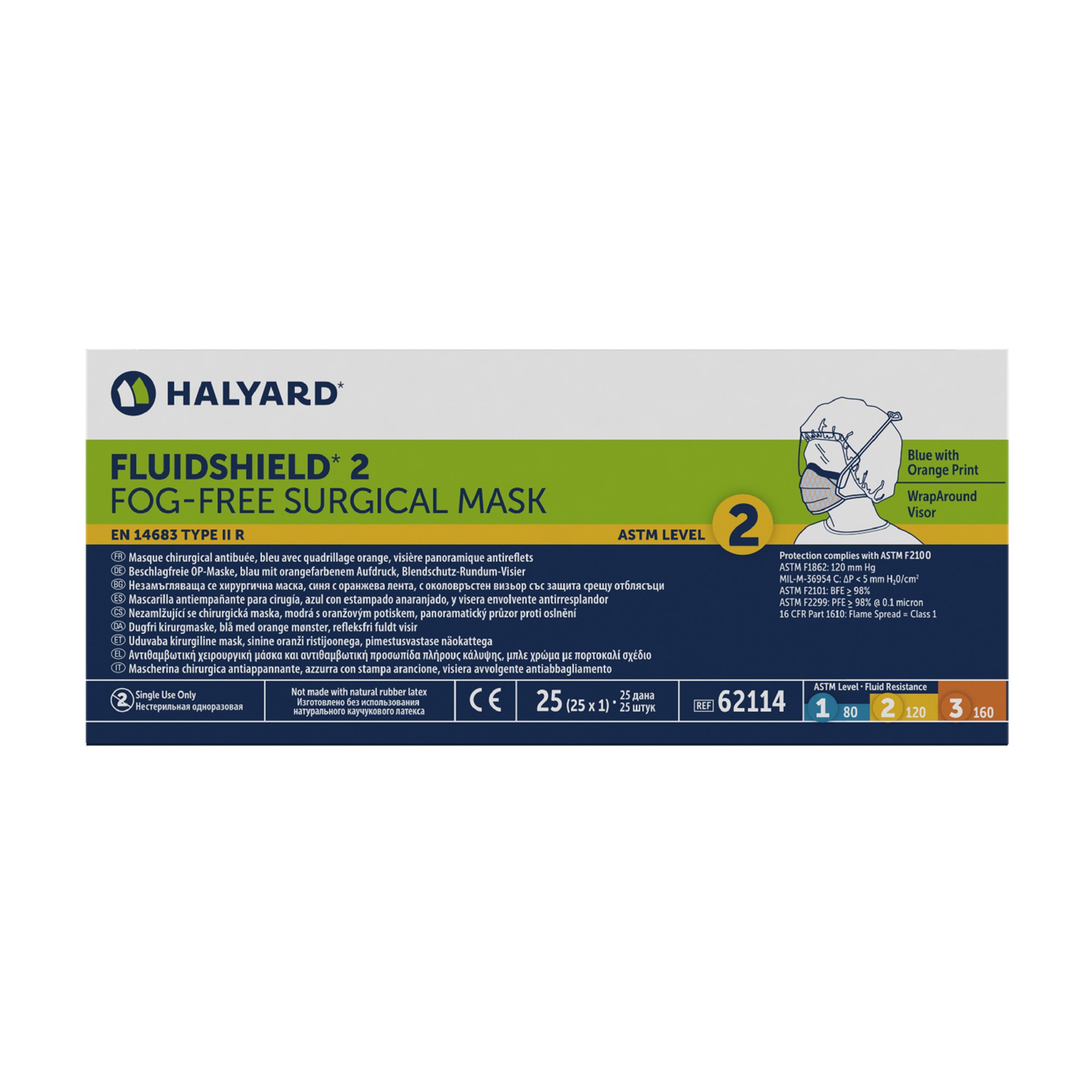O&M Halyard Inc 62114 - FluidShield® Surgical Mask with Eye Shield - 25/Box, 100/Case