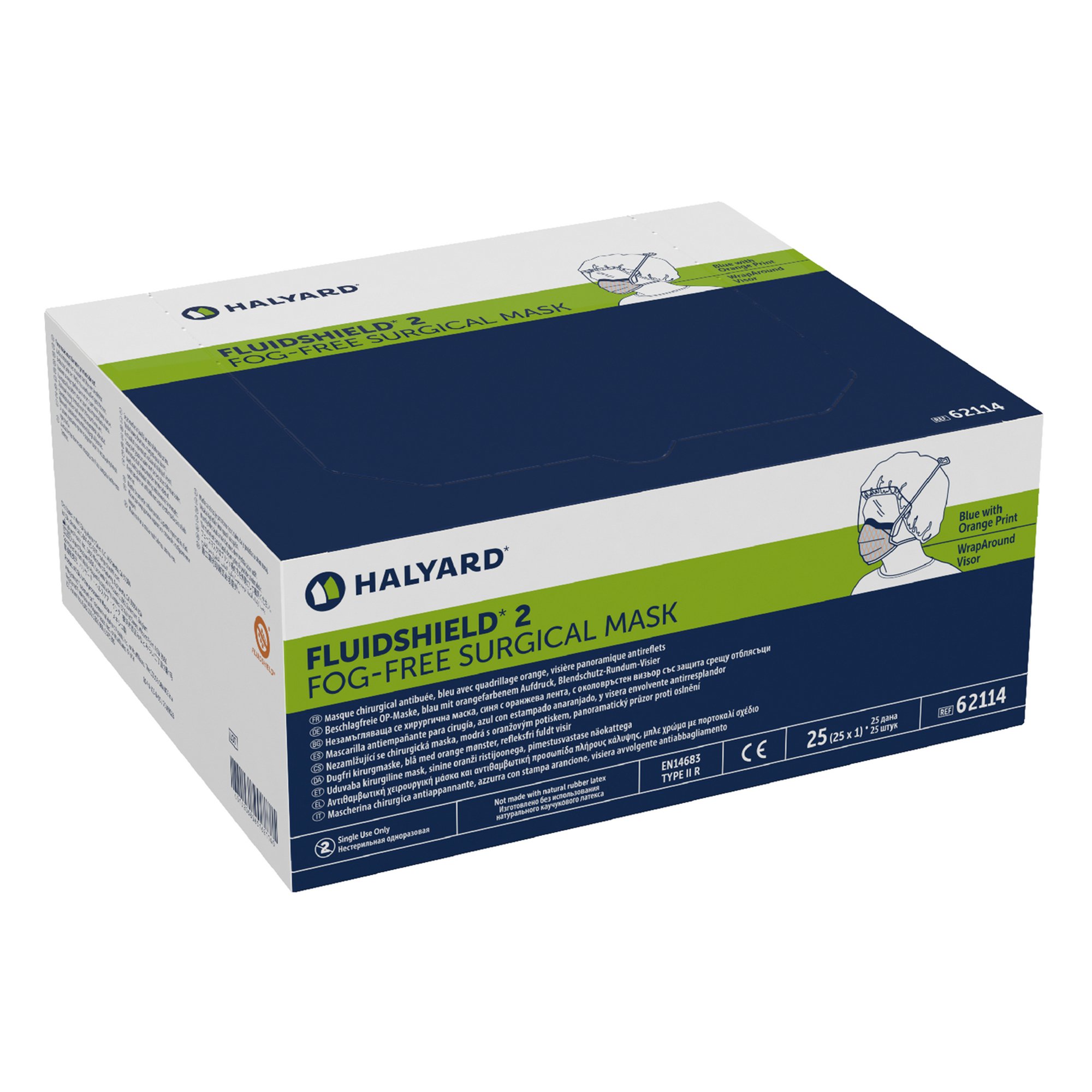 O&M Halyard Inc 62114 - FluidShield® Surgical Mask with Eye Shield - 25/Box, 100/Case