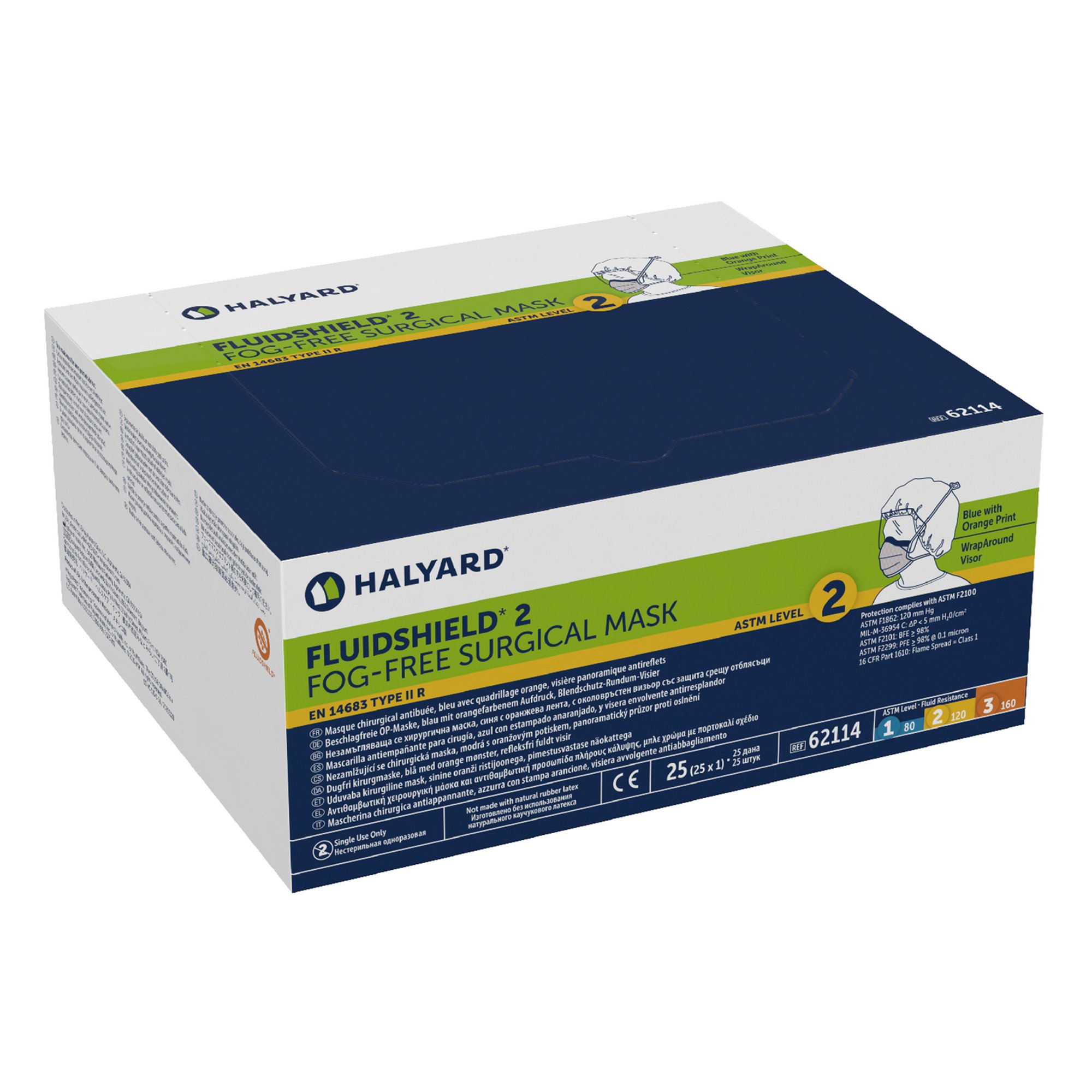 O&M Halyard Inc 62114 - FluidShield® Surgical Mask with Eye Shield - 25/Box, 100/Case