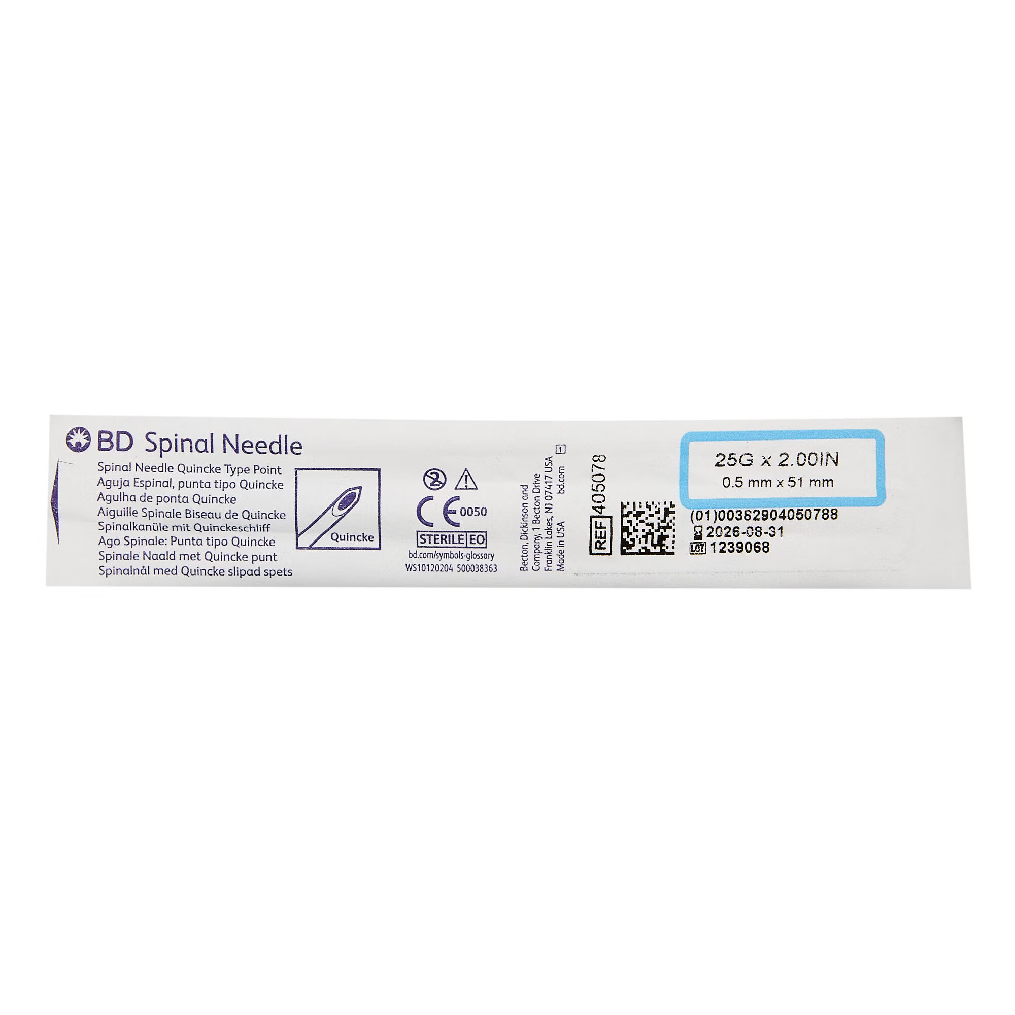 BD - 405078 Spinal Needle BD™ Quincke Style 25 Gauge 2 Inch Length Sterile