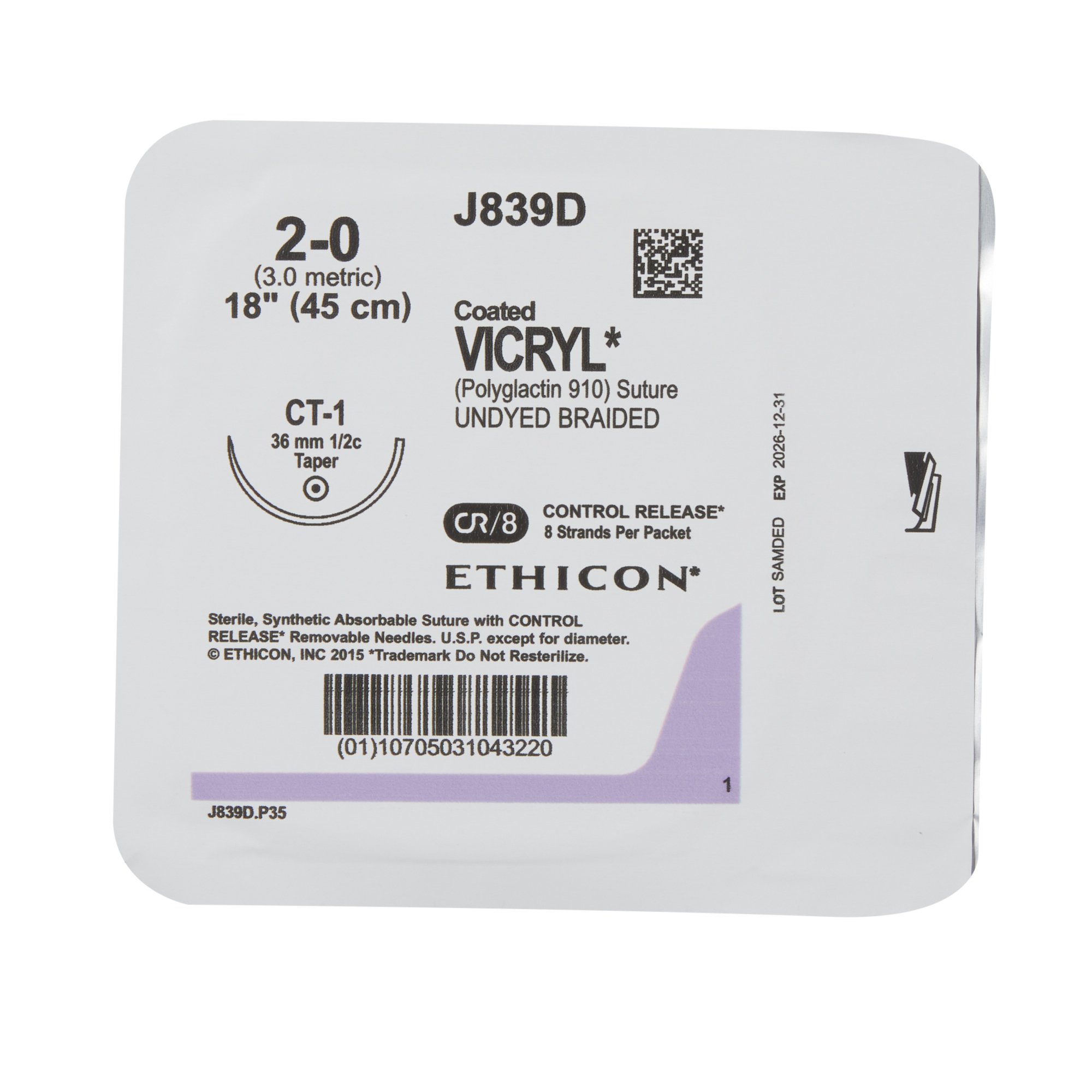 J & J Healthcare Systems J839D - Coated Vicryl™ Suture with Needle - 12/Dozen, 12/Box