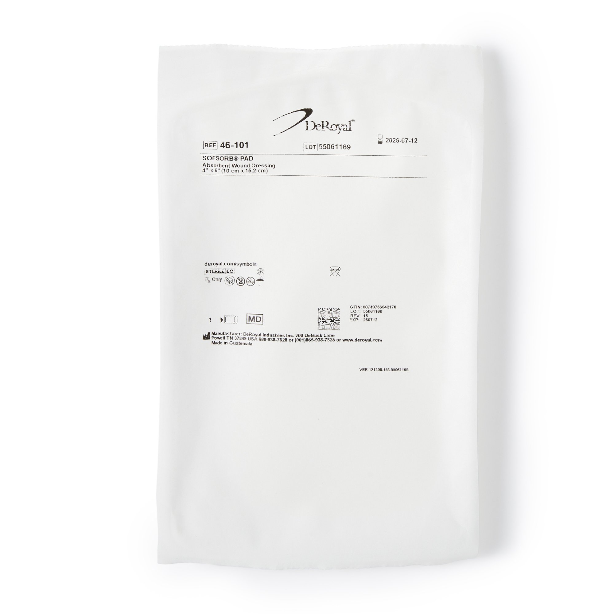 DeRoyal 46-101 - Sofsorb® Absorbent Wound Dressing, 4 x 6 inch - 1/Each, 30/Box, 120/Case