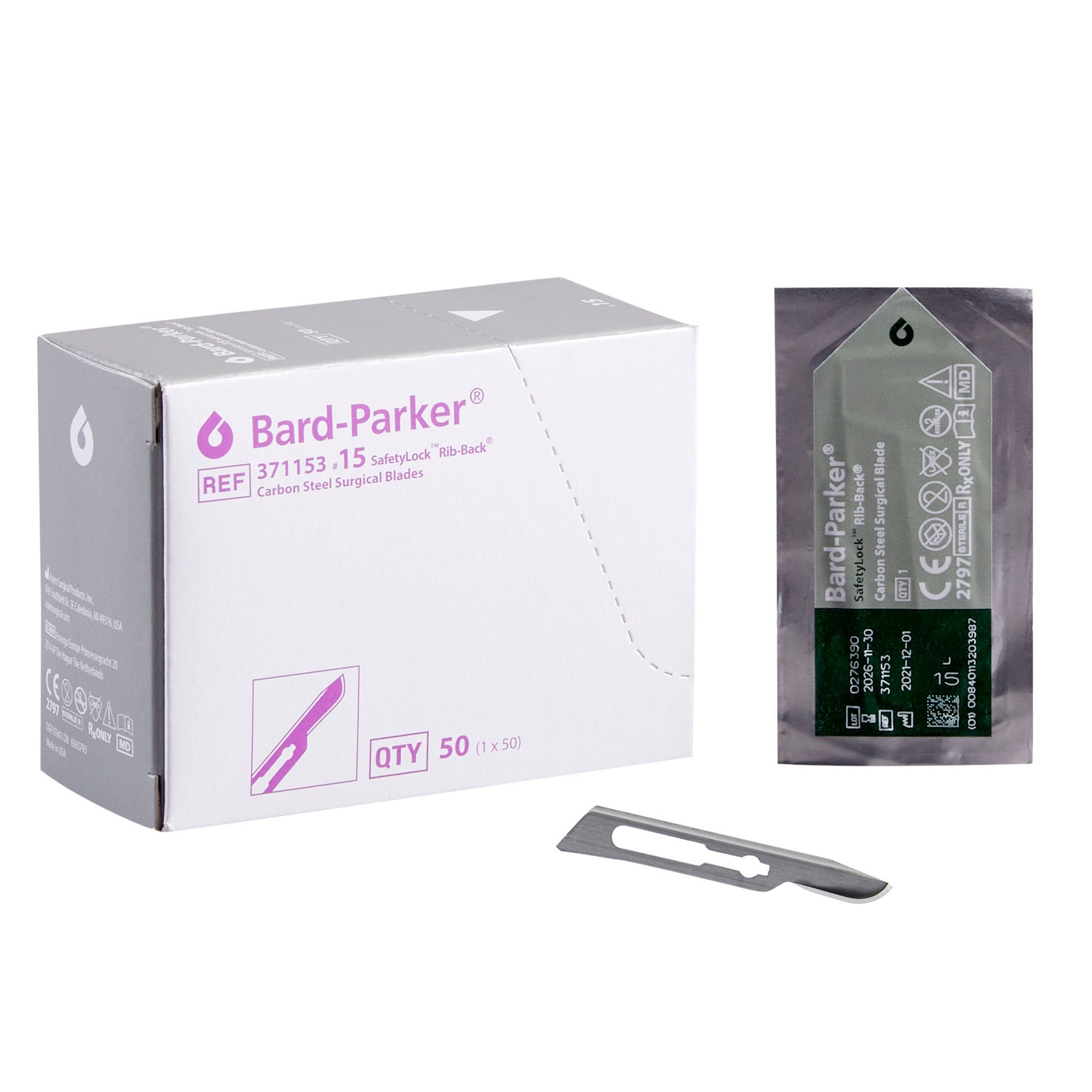Aspen Surgical Products - 371153 Surgical Blade Bard-Parker® SafetyLock™ Rib-Back® Carbon Steel No. 15 Sterile