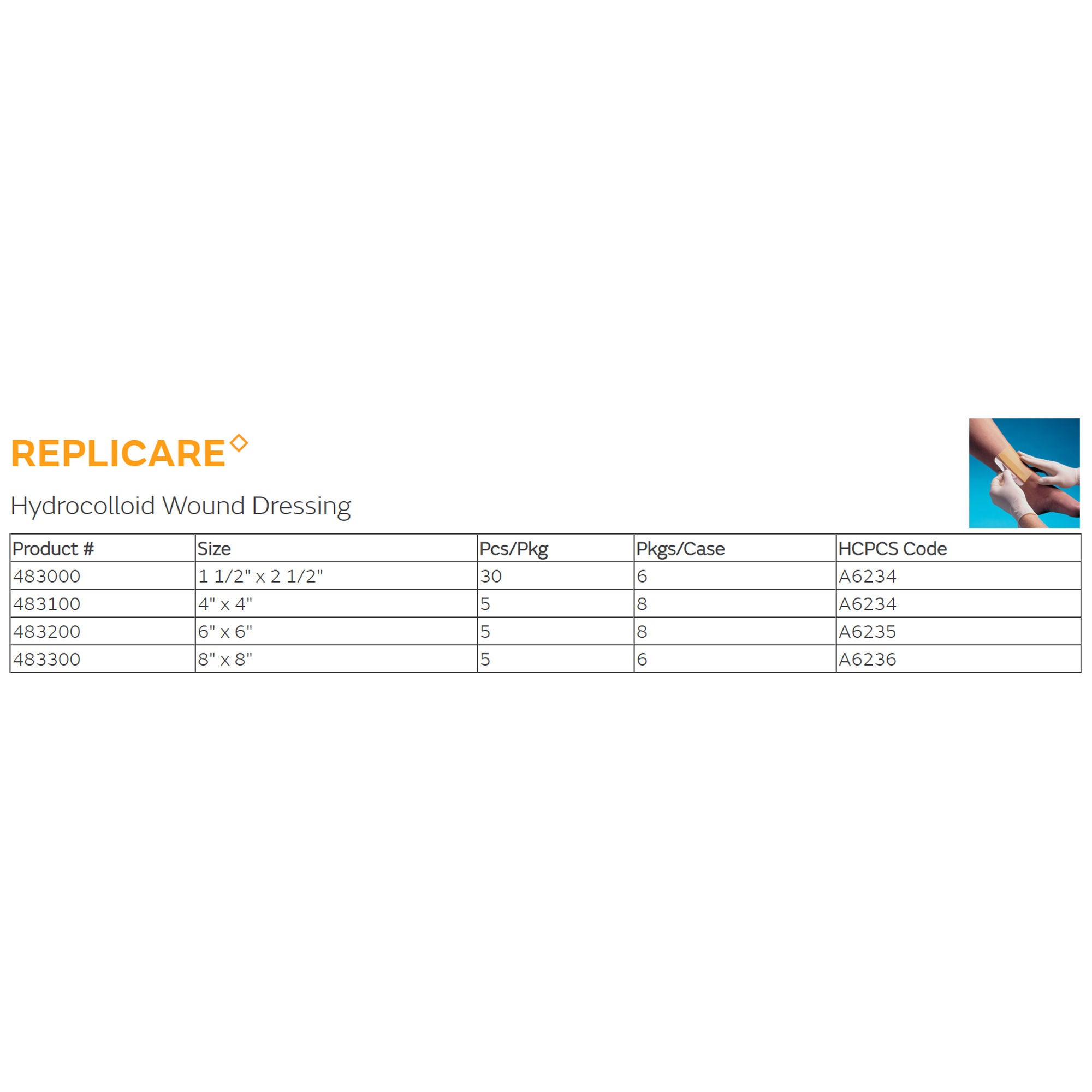 Smith & Nephew - 483100 Hydrocolloid Dressing Replicare Film Backing 4 X 4 Inch Square Hydrocolloid / Film