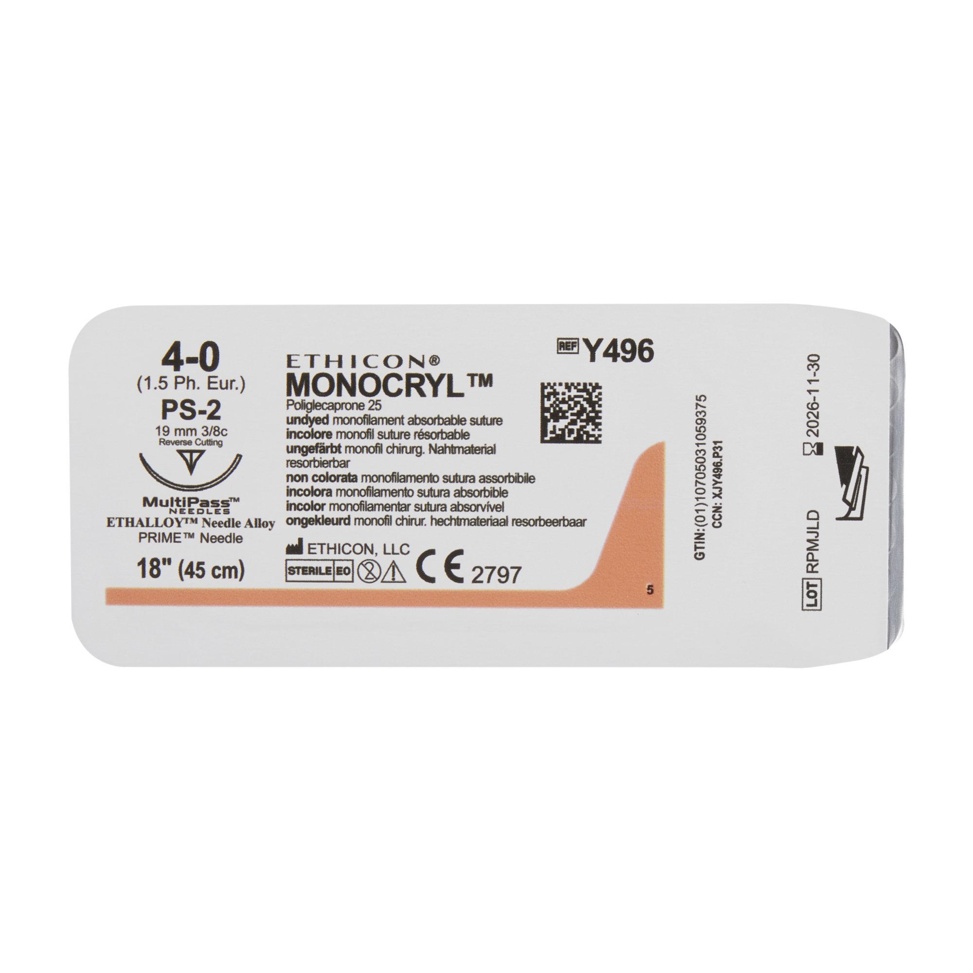 J & J Healthcare Systems Y496G - Monocryl™ Suture with Needle - 12/Dozen, 12/Box