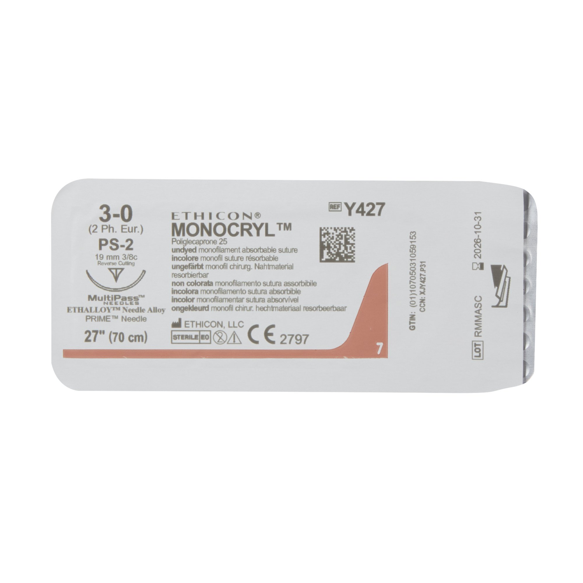 J & J Healthcare Systems Y427H - Monocryl™ Suture with Needle, 19 mm, 3/8 Circle - 12/Dozen, 36/Box