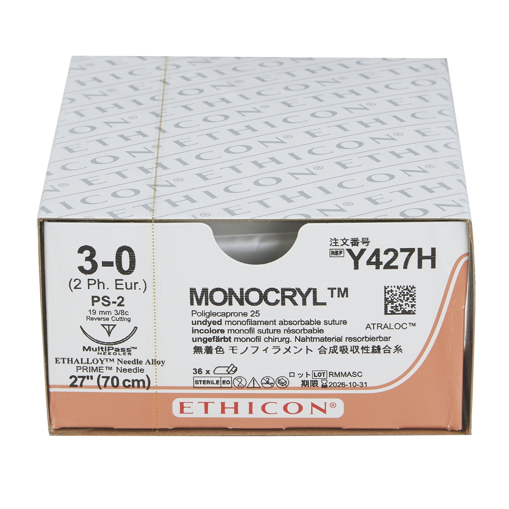 J & J Healthcare Systems Y427H - Monocryl™ Suture with Needle, 19 mm, 3/8 Circle - 12/Dozen, 36/Box