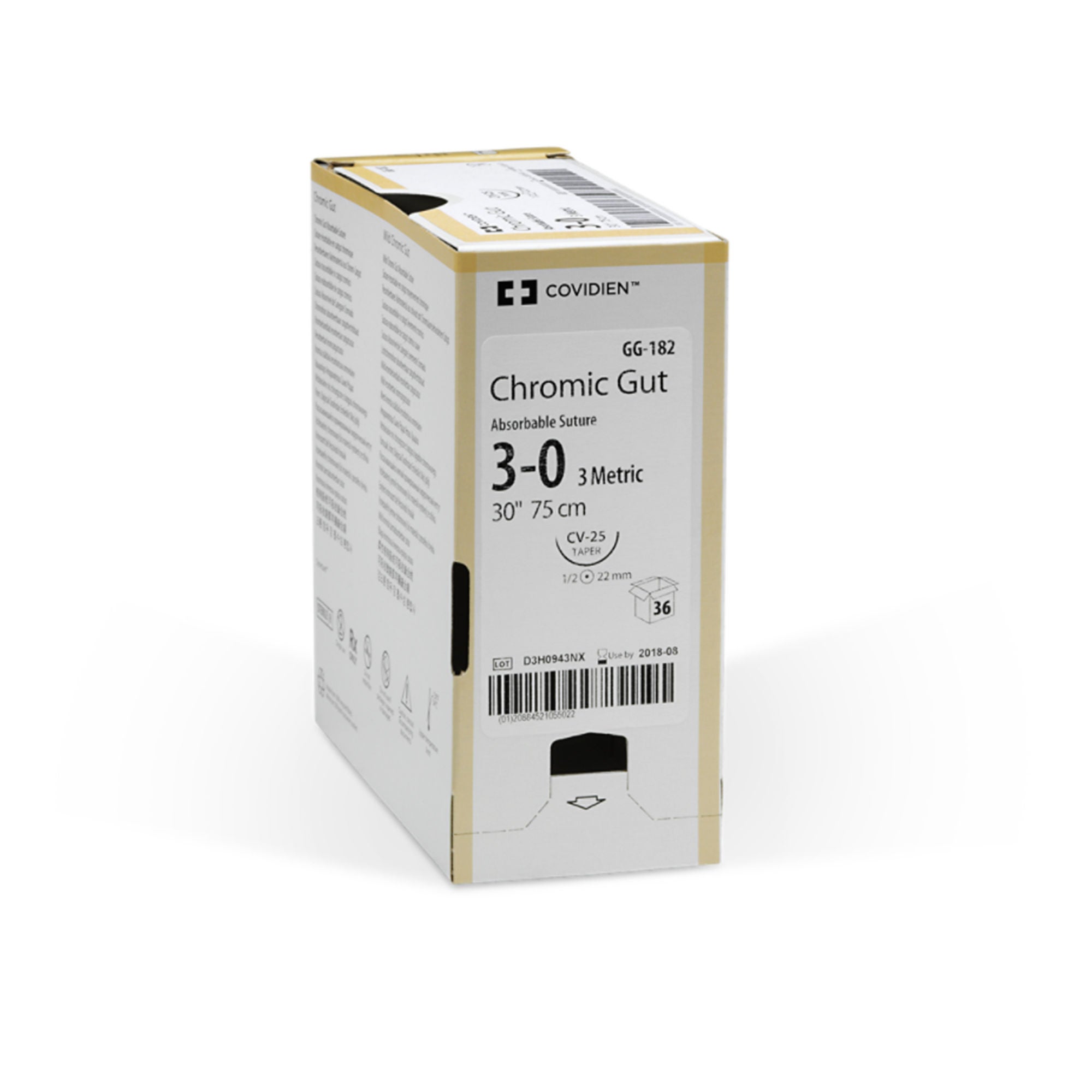 Covidien - GG-182 Absorbable Suture with Needle Covidien™ Chromic Gut CV-25 1/2 Circle Taper Point Needle Size 3-0 Monofilament