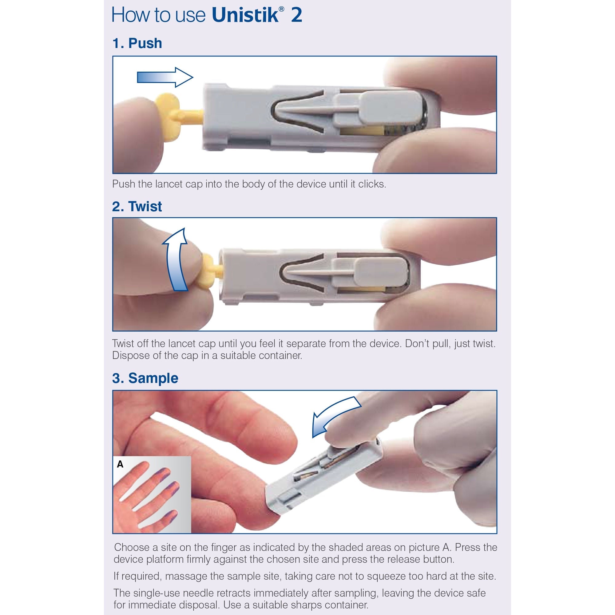 Owen Mumford - AT 0702 Safety Lancet Unistik 2 21 Gauge Retractable Push Button Activation Finger