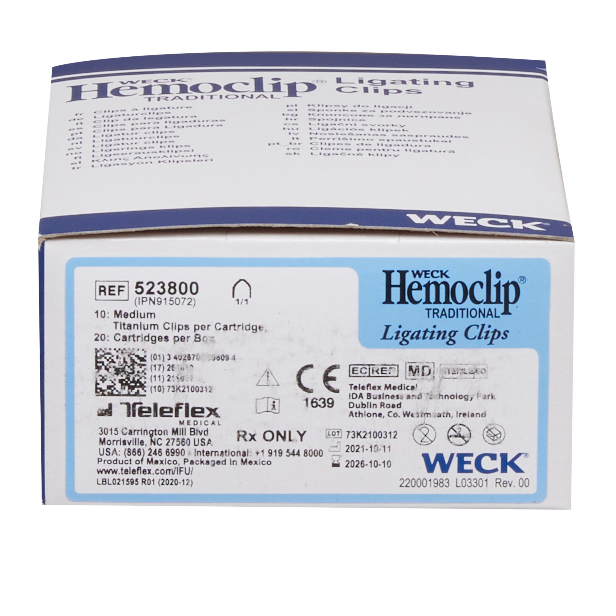 Teleflex Medical - 523800 Ligating Clip Hemoclip® Traditional Style Titanium Medium Blue Clip 10 Clips