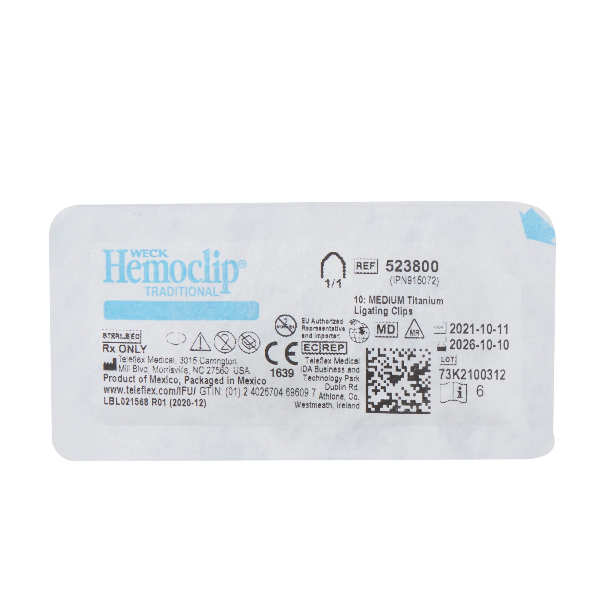 Teleflex Medical - 523800 Ligating Clip Hemoclip® Traditional Style Titanium Medium Blue Clip 10 Clips