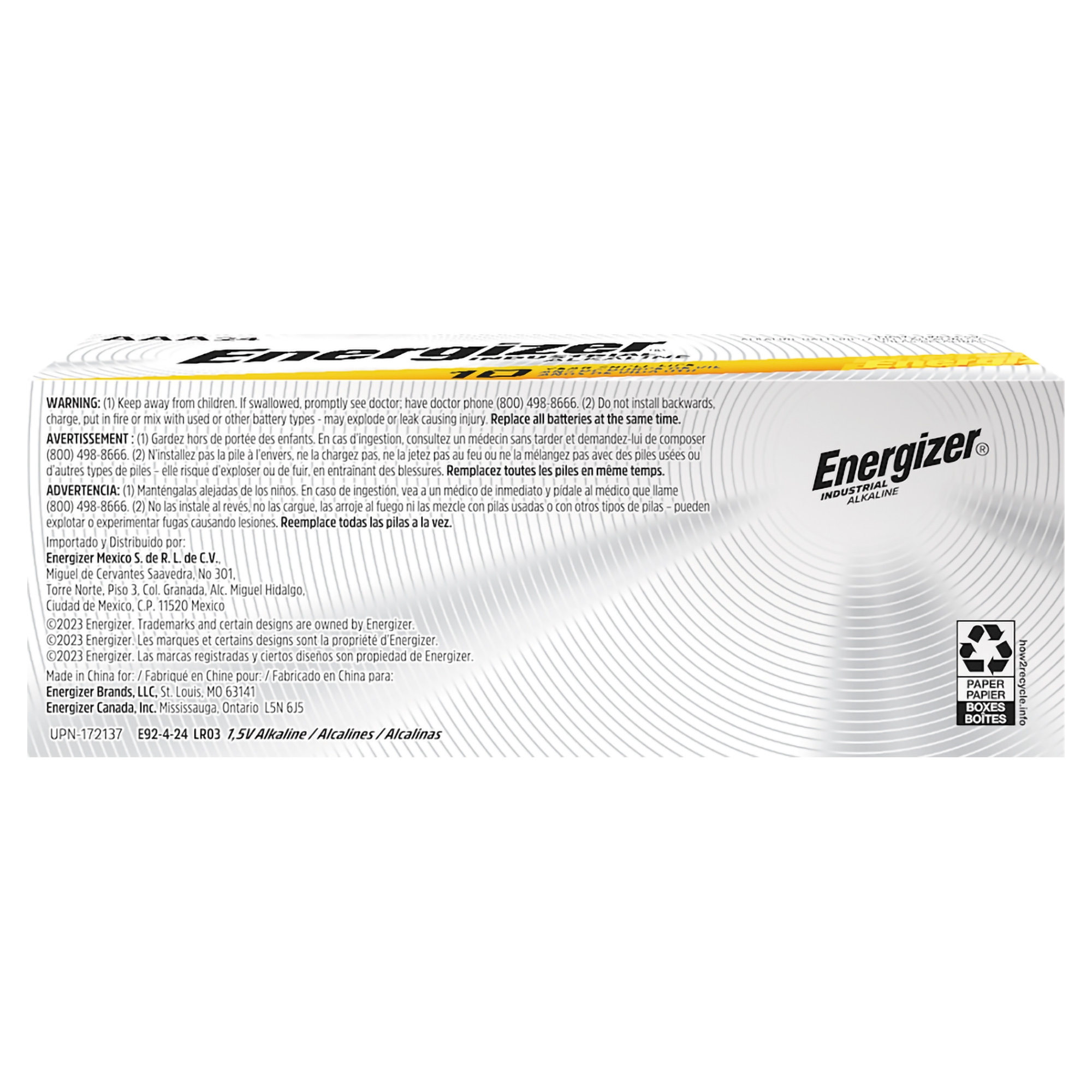 Energizer LLC EN92 - Energizer® Industrial AAA Alkaline Batteries, 4 Pack - 1/Each, 144/Case