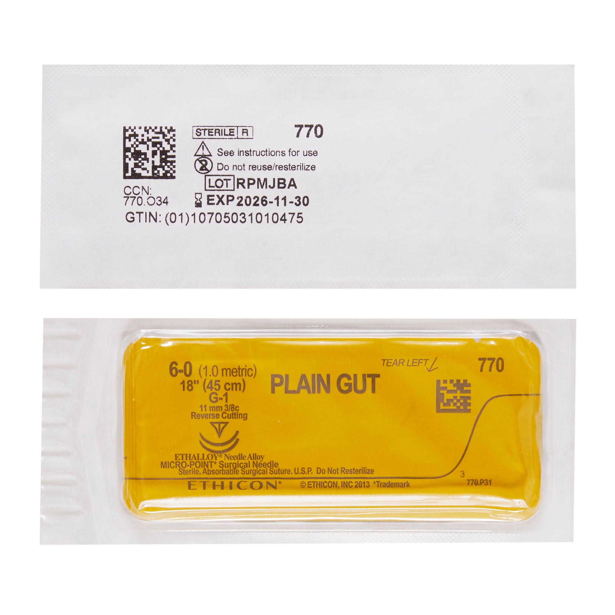 J & J Healthcare Systems - 770G Absorbable Suture with Needle GUT PLAIN Plain Gut G-1 3/8 Circle Precision Reverse Cutting Needle Size 6-0 Monofilament