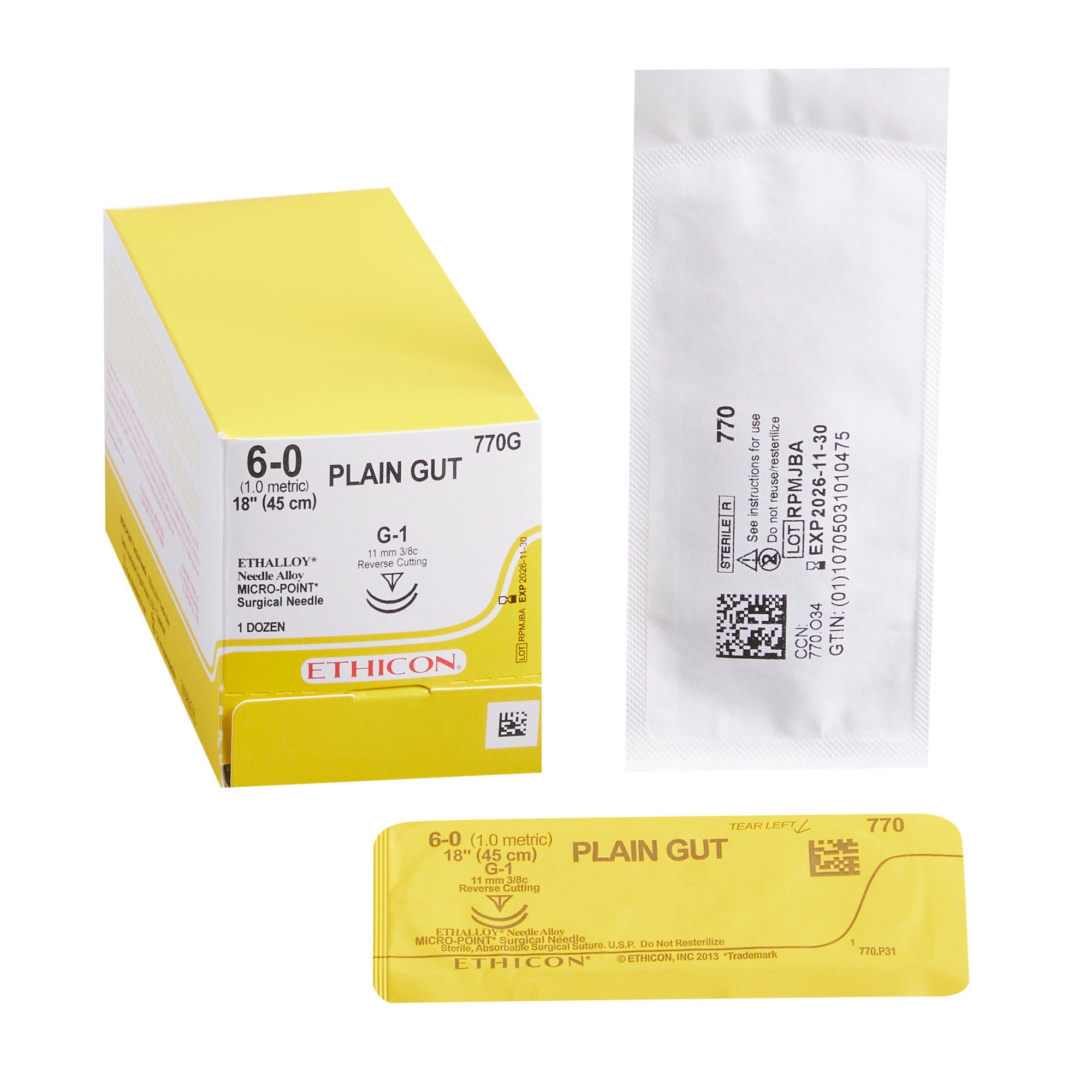 J & J Healthcare Systems - 770G Absorbable Suture with Needle GUT PLAIN Plain Gut G-1 3/8 Circle Precision Reverse Cutting Needle Size 6-0 Monofilament
