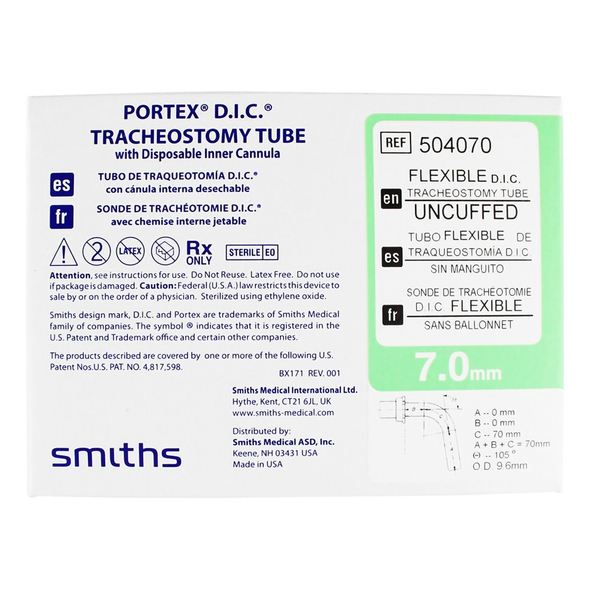 ICU Medical FKA Smiths Medical - 504070 Uncuffed Tracheostomy Tube Portex® Flex D.I.C.® Size 7.0 Adult