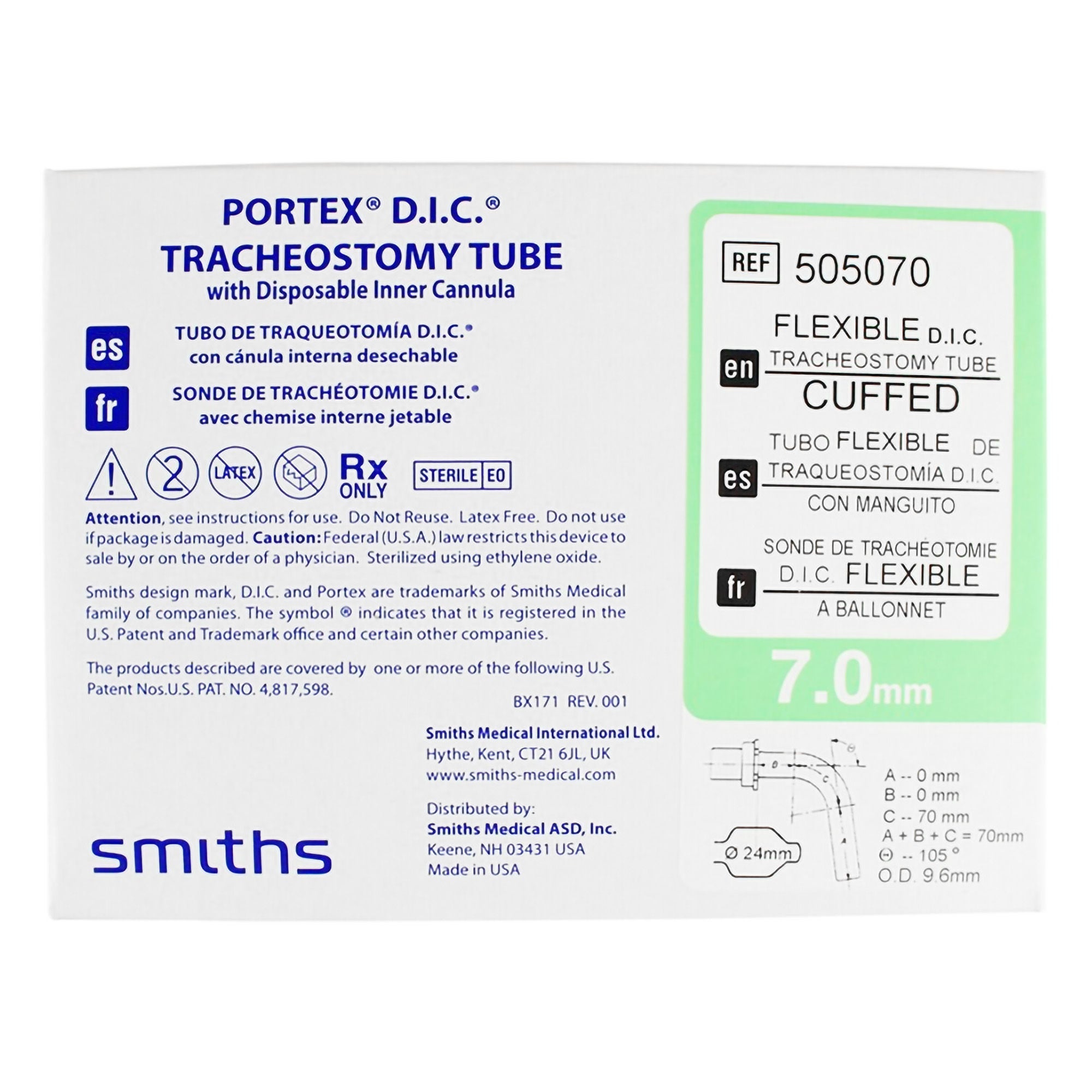ICU Medical FKA Smiths Medical - 505070 Cuffed Tracheostomy Tube Portex® Flex D.I.C.® Size 7.0 Adult