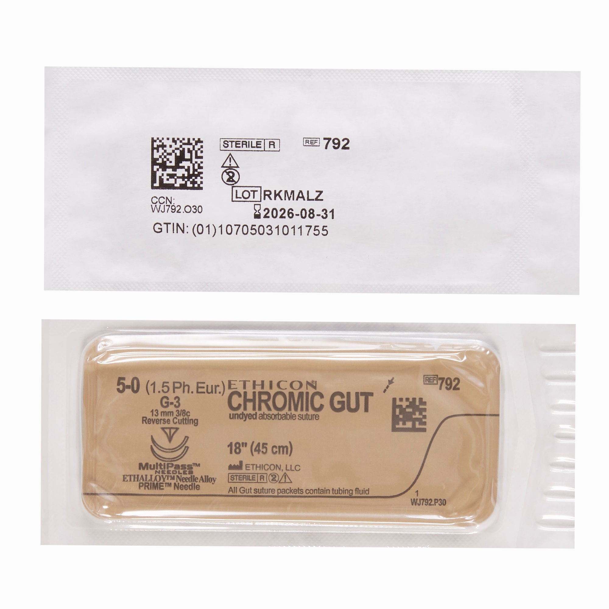 J & J Healthcare Systems - 792G Absorbable Suture with Needle GUT CHROMIC Chromic Gut G-3 3/8 Circle Reverse Cutting Needle Size 5-0 Monofilament