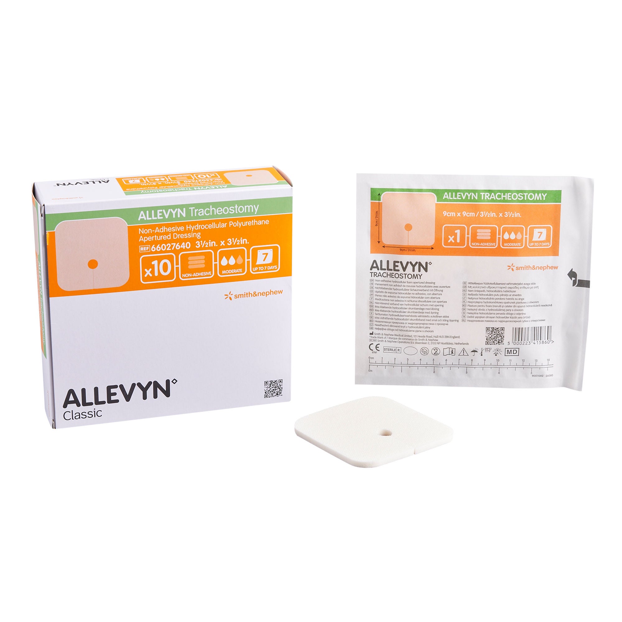 Smith & Nephew - 66027640 Foam Dressing Allevyn Tracheostomy 3-1/2 X 3-1/2 Inch Without Border Without Film Backing Nonadhesive Fenestrated Square Sterile