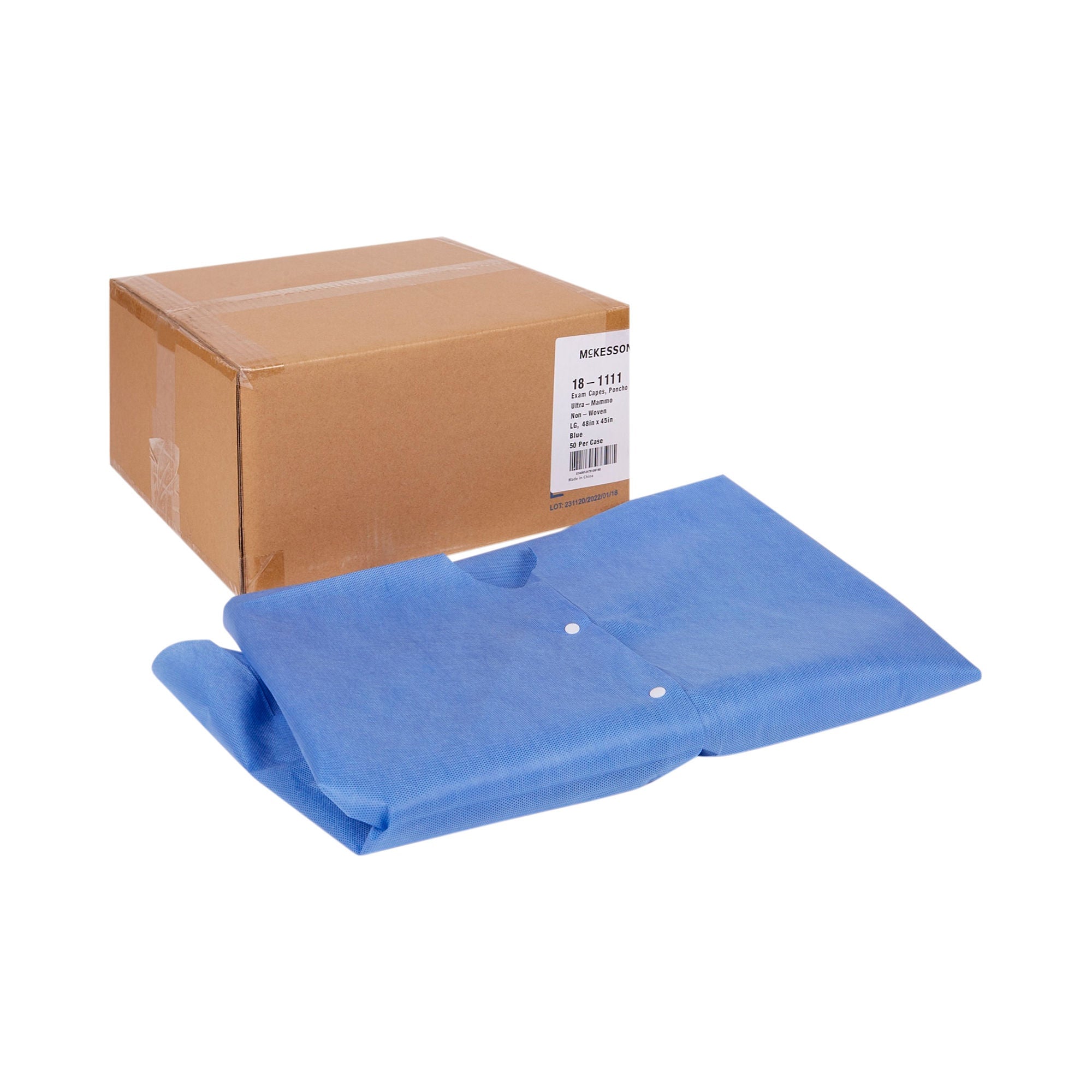 McKesson Brand - 18-1111 Exam Cape McKesson Blue Large Open Sides Snap Closure Unisex Disposable
