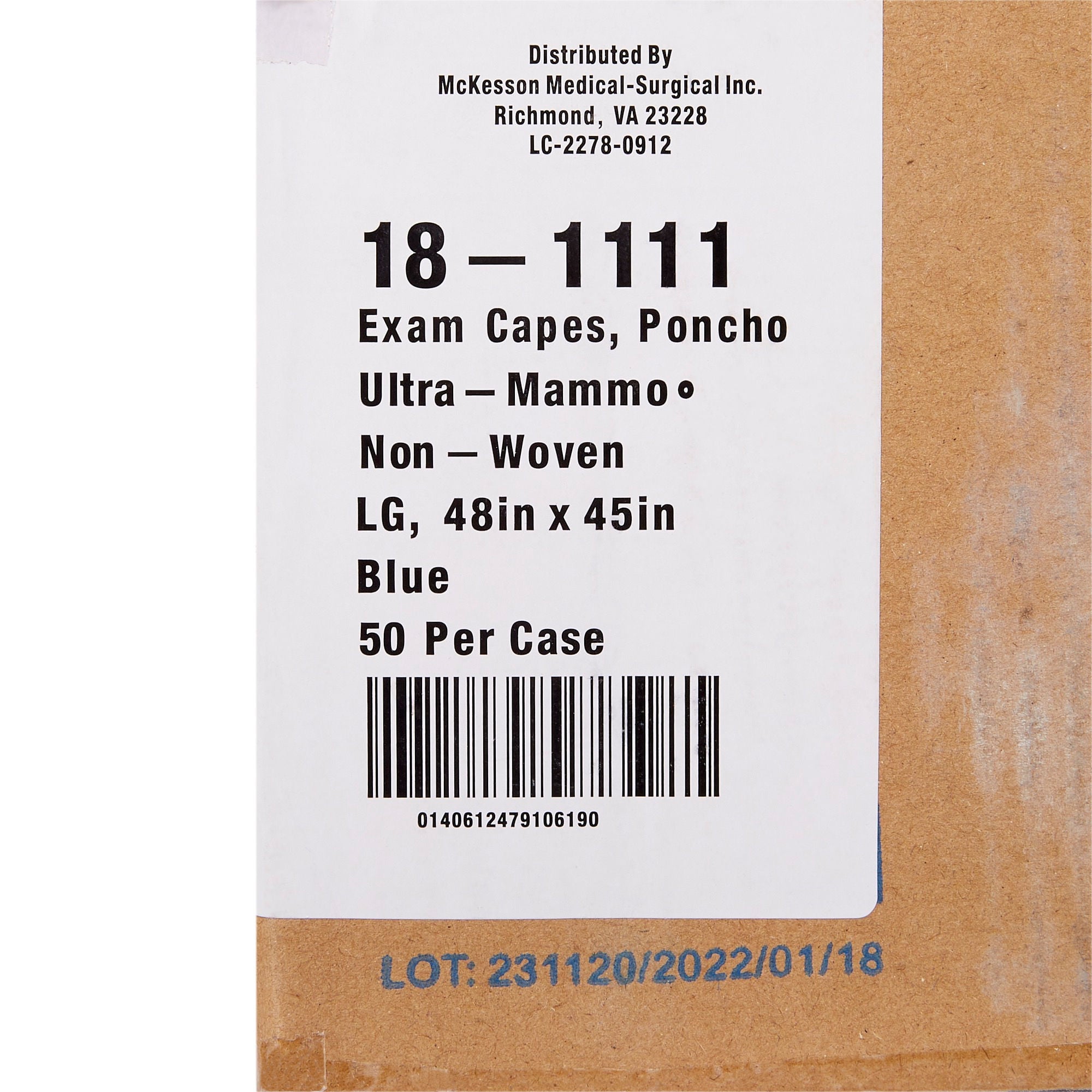 McKesson Brand - 18-1111 Exam Cape McKesson Blue Large Open Sides Snap Closure Unisex Disposable