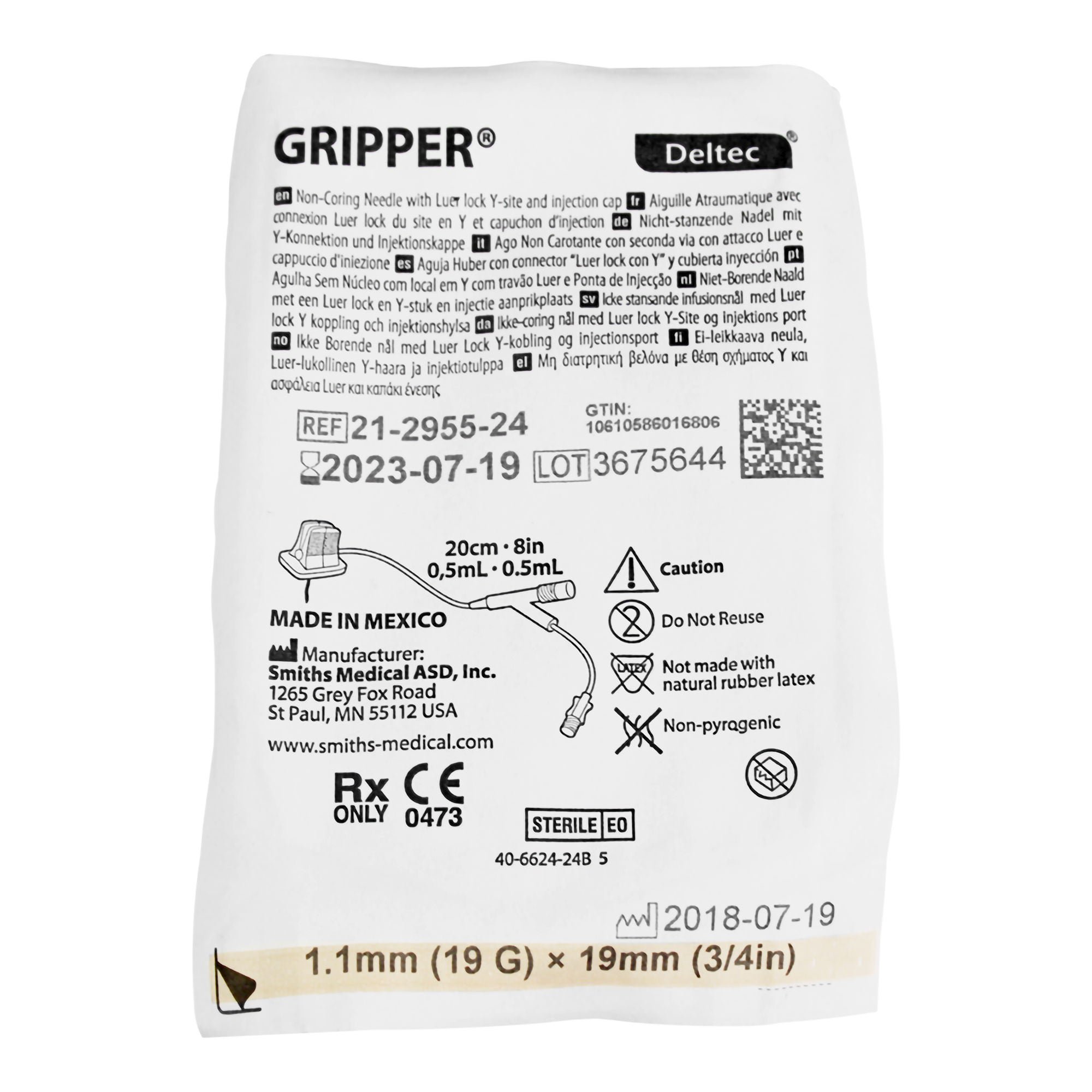 ICU Medical FKA Smiths Medical - 21-2955-24 Huber Infusion Set Gripper® 19 Gauge 3/4 Inch 8 Inch Tubing Needleless Y-Site